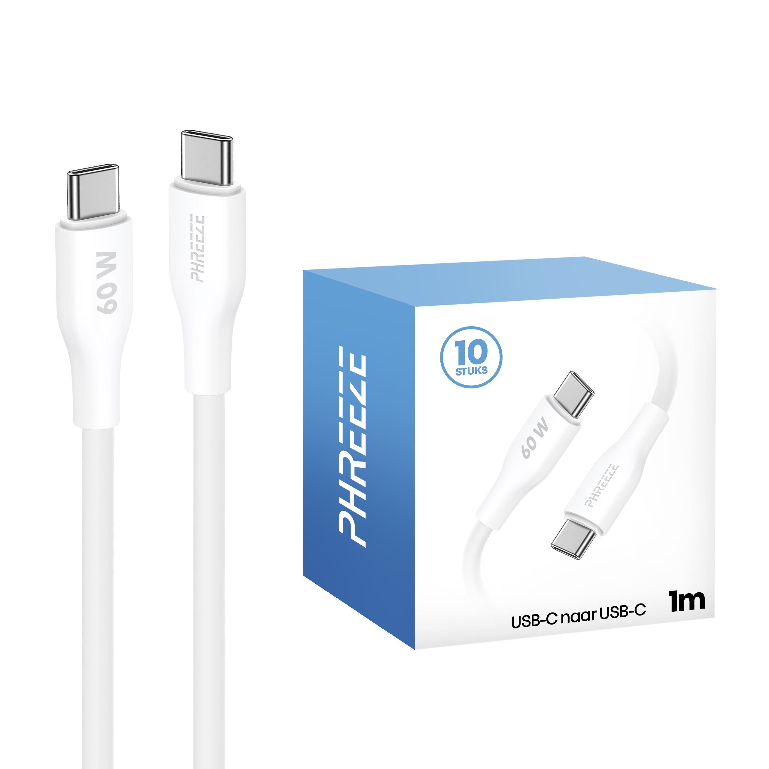 De afbeelding toont twee witte USB-C-kabels en een blauw-witte doos. Op de doos staat 'PHREEZE' en '60W'.