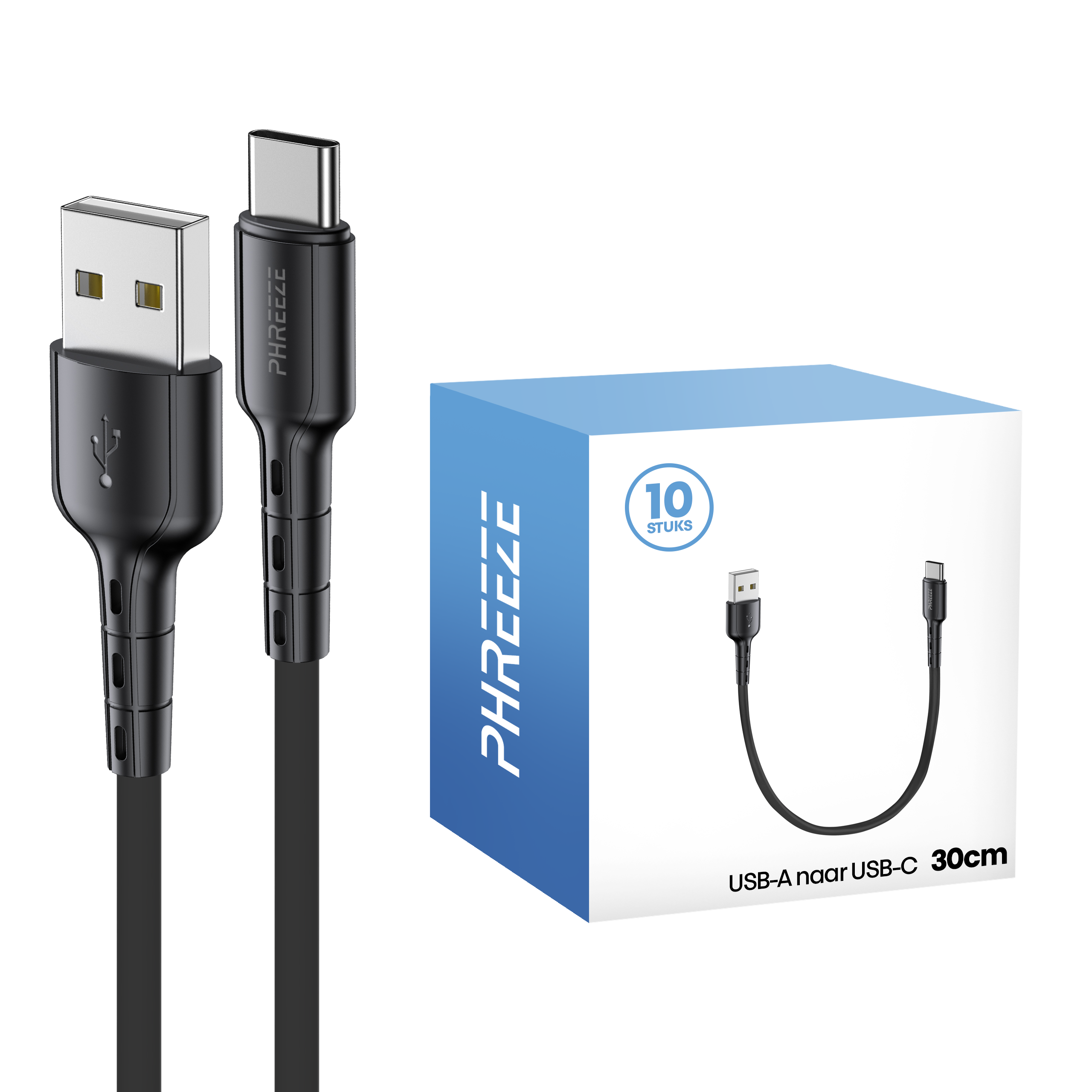 Image shows a black USB-A to USB-C cable, a box with the same cable illustration, and the brand name PHREEEZ.