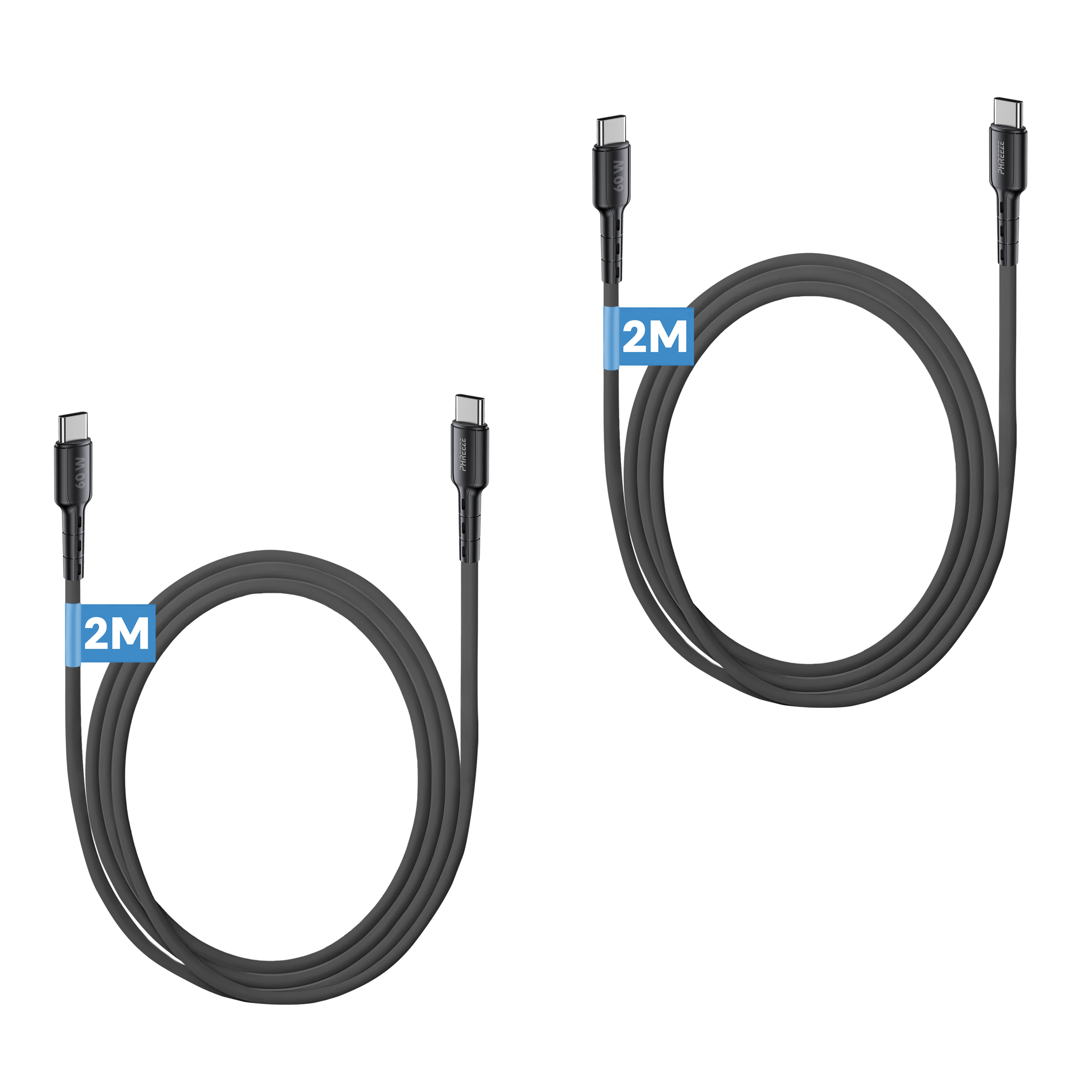 Twee zwarte USB-C-kabels, elk met een 2M-label, opgerold tegen een witte achtergrond.