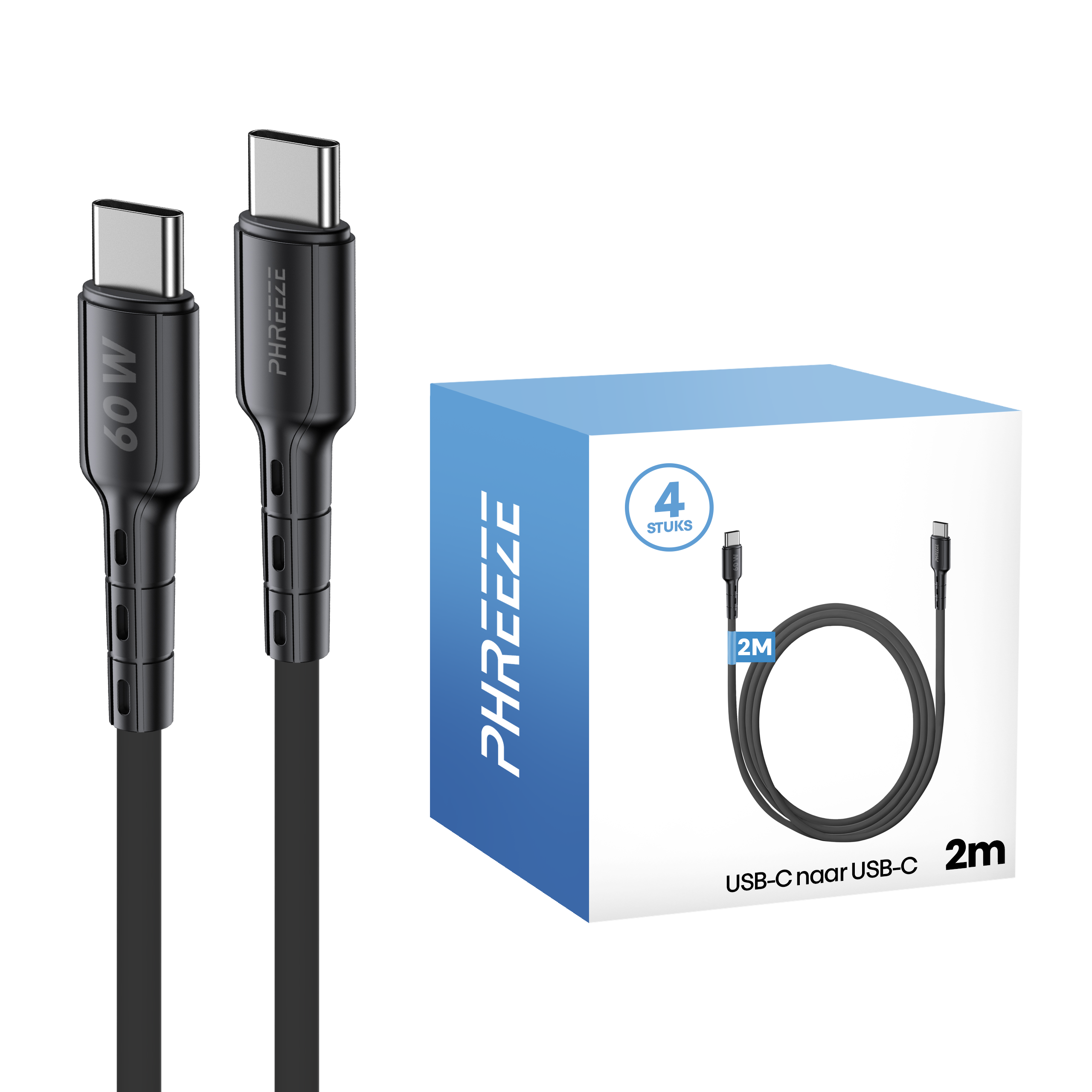 Twee zwarte USB-C-kabels, een blauwe doos met kabels. De doos toont het merk 'PHREEZE'.