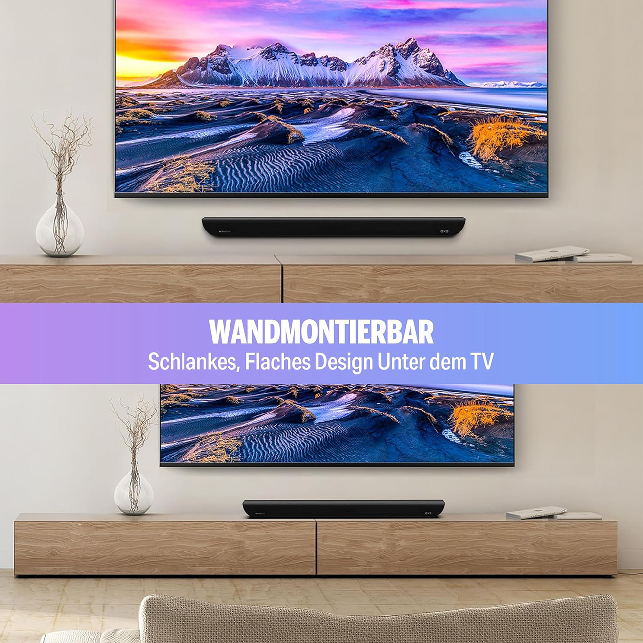 Un salon moderne avec une grande télévision, une barre de son et des meubles en bois. La télévision affiche un paysage de montagne.