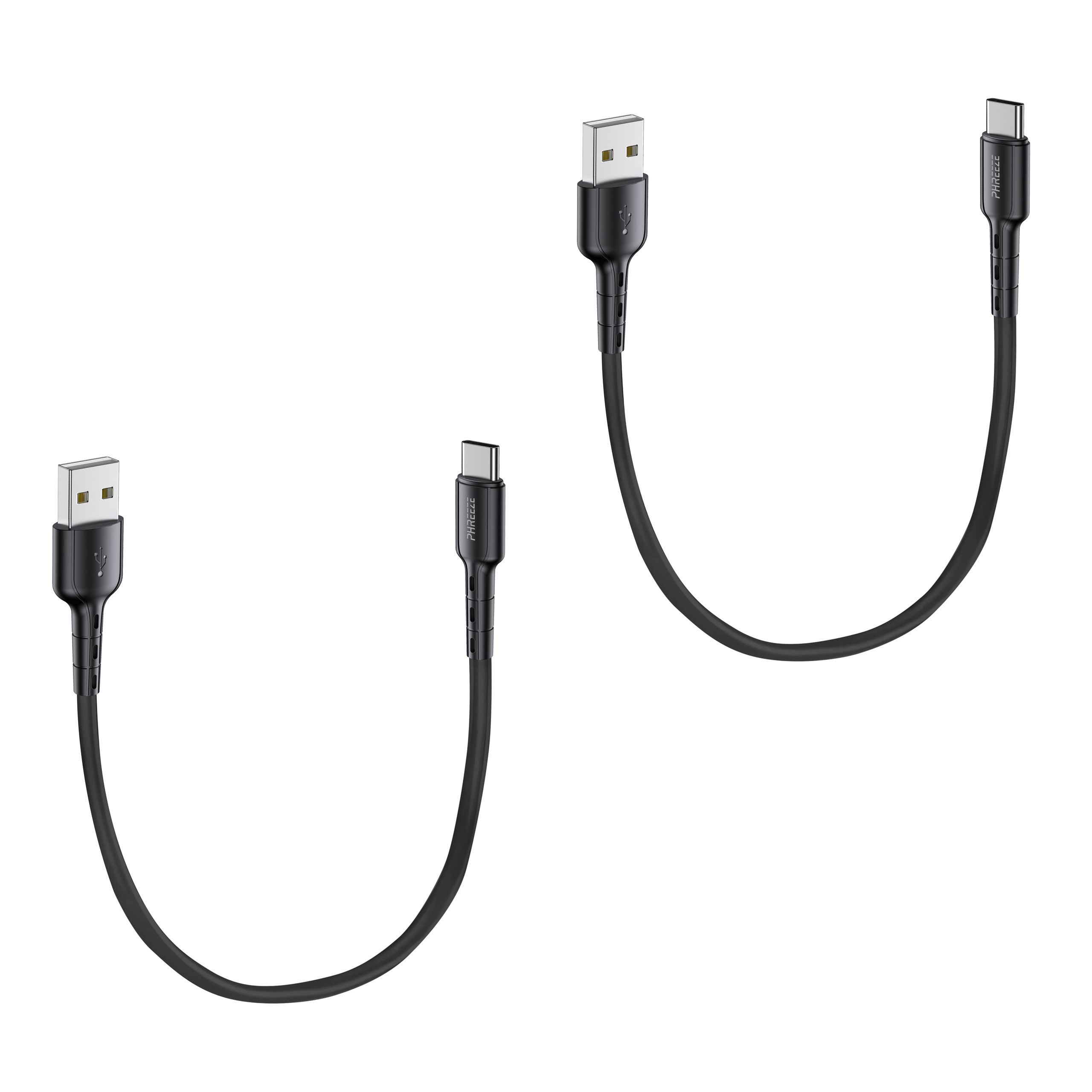 Er worden twee zwarte USB-kabels getoond. Eén heeft een USB-A- en een USB-C-connector.