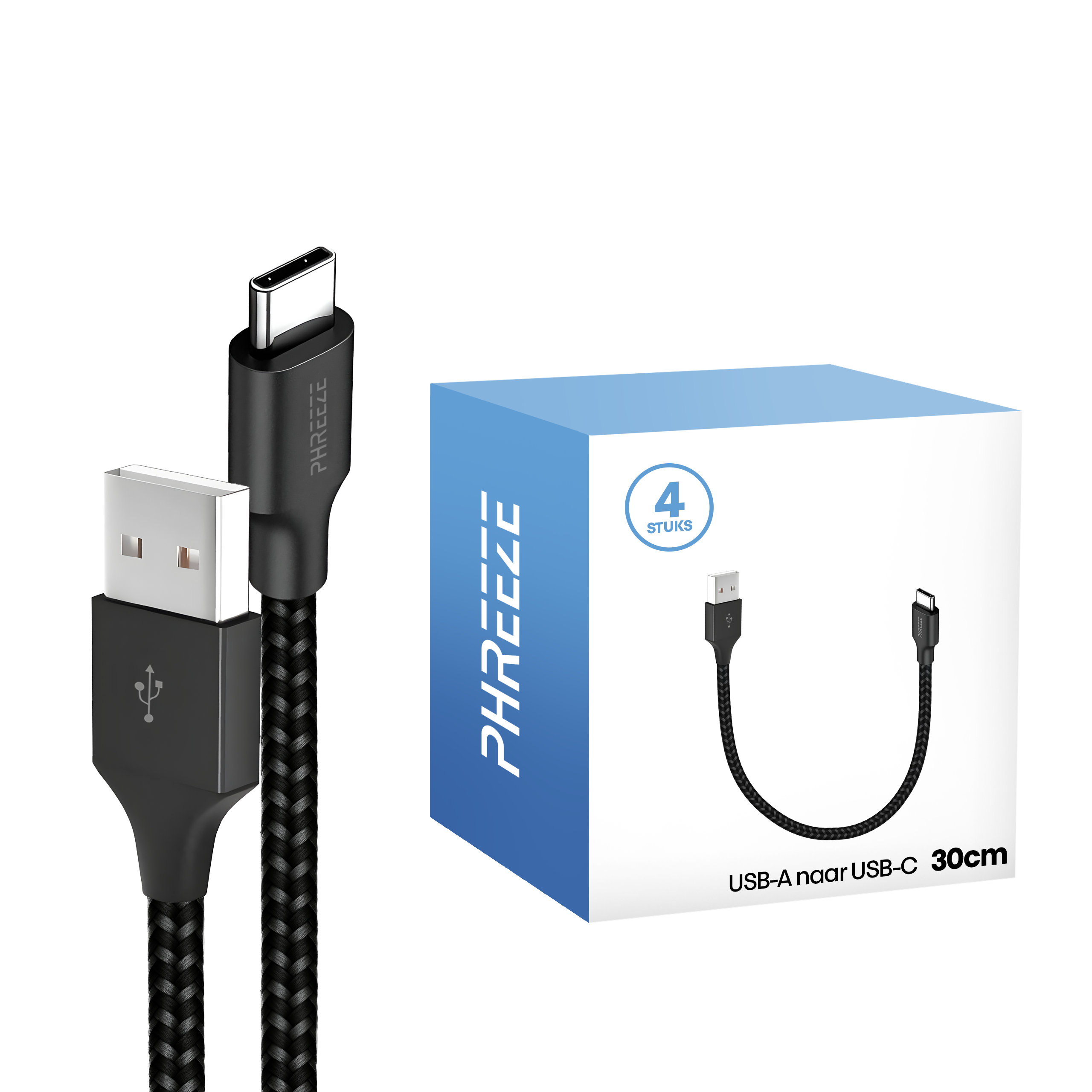 Een zwarte USB-A naar USB-C kabel met een gevlochten ontwerp wordt naast een productdoos weergegeven.