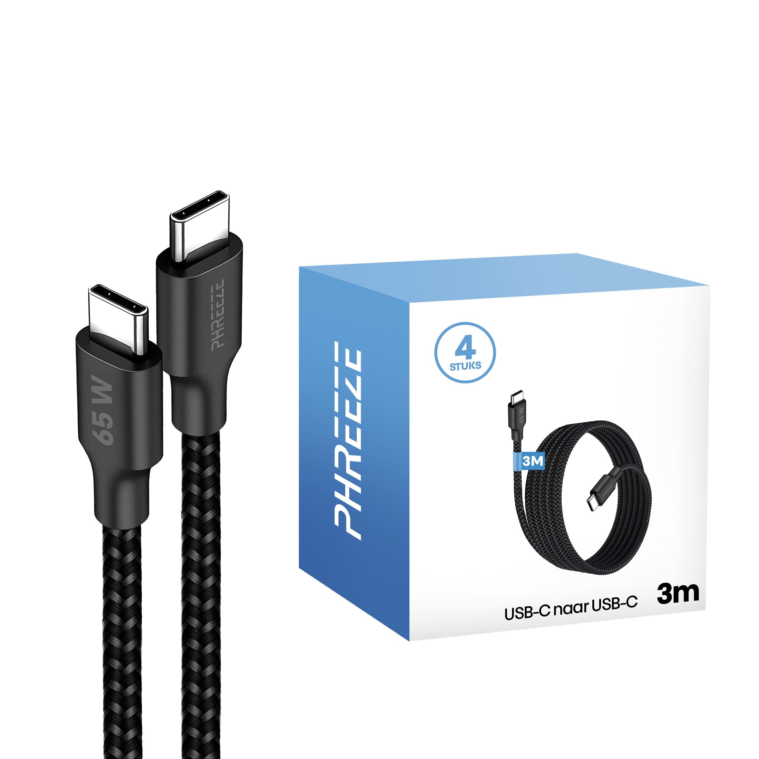 Afbeelding toont twee zwarte USB-C kabels en een blauwe doos met een kabel illustratie. Op de doos staat 4 stuks.