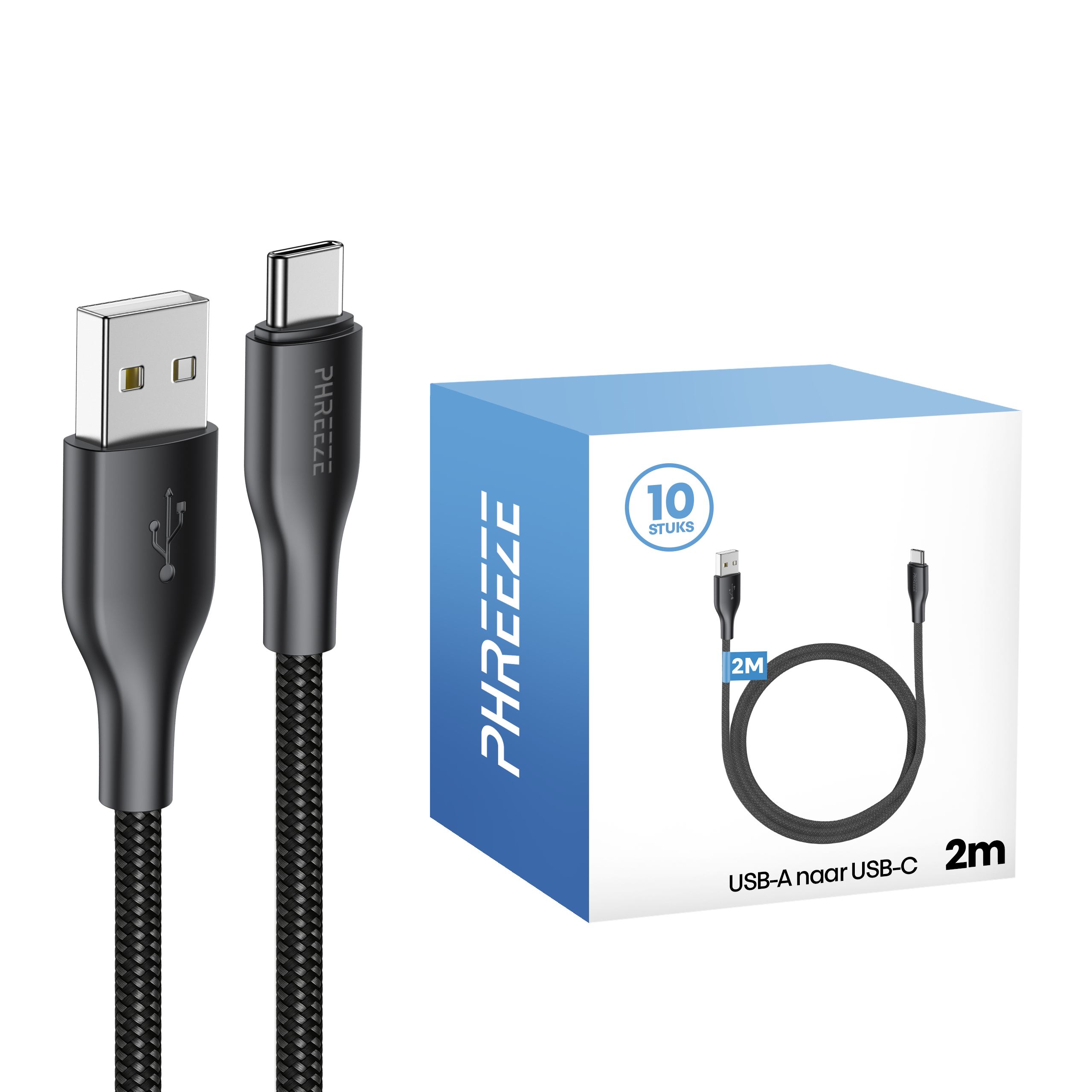 Zwarte USB-A naar USB-C kabel, naast een doos met een 2m kabel illustratie. De doos is blauw en wit.