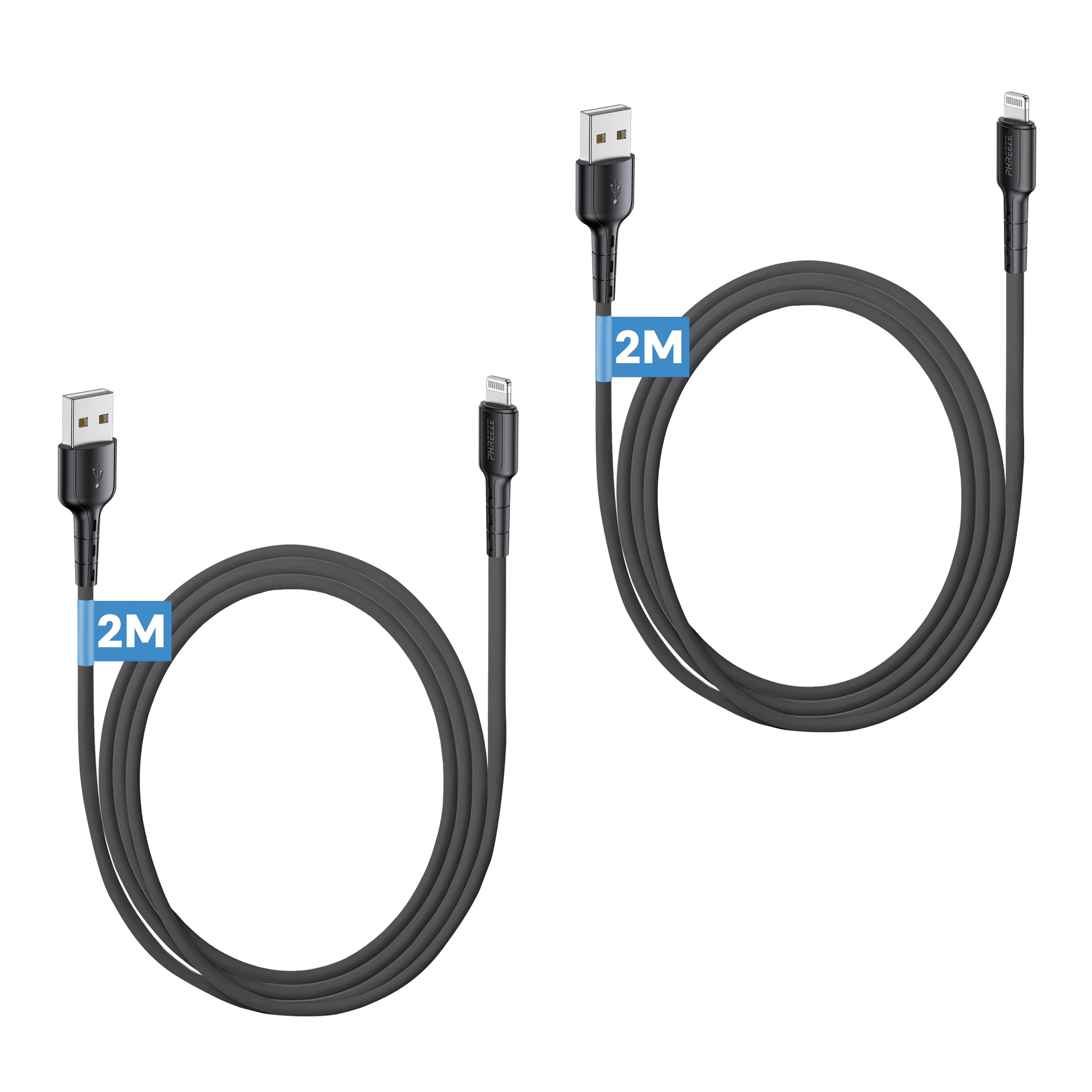 Two black USB cables, each 2 meters long, are curled on a white background. One end is USB, the other is lightning.