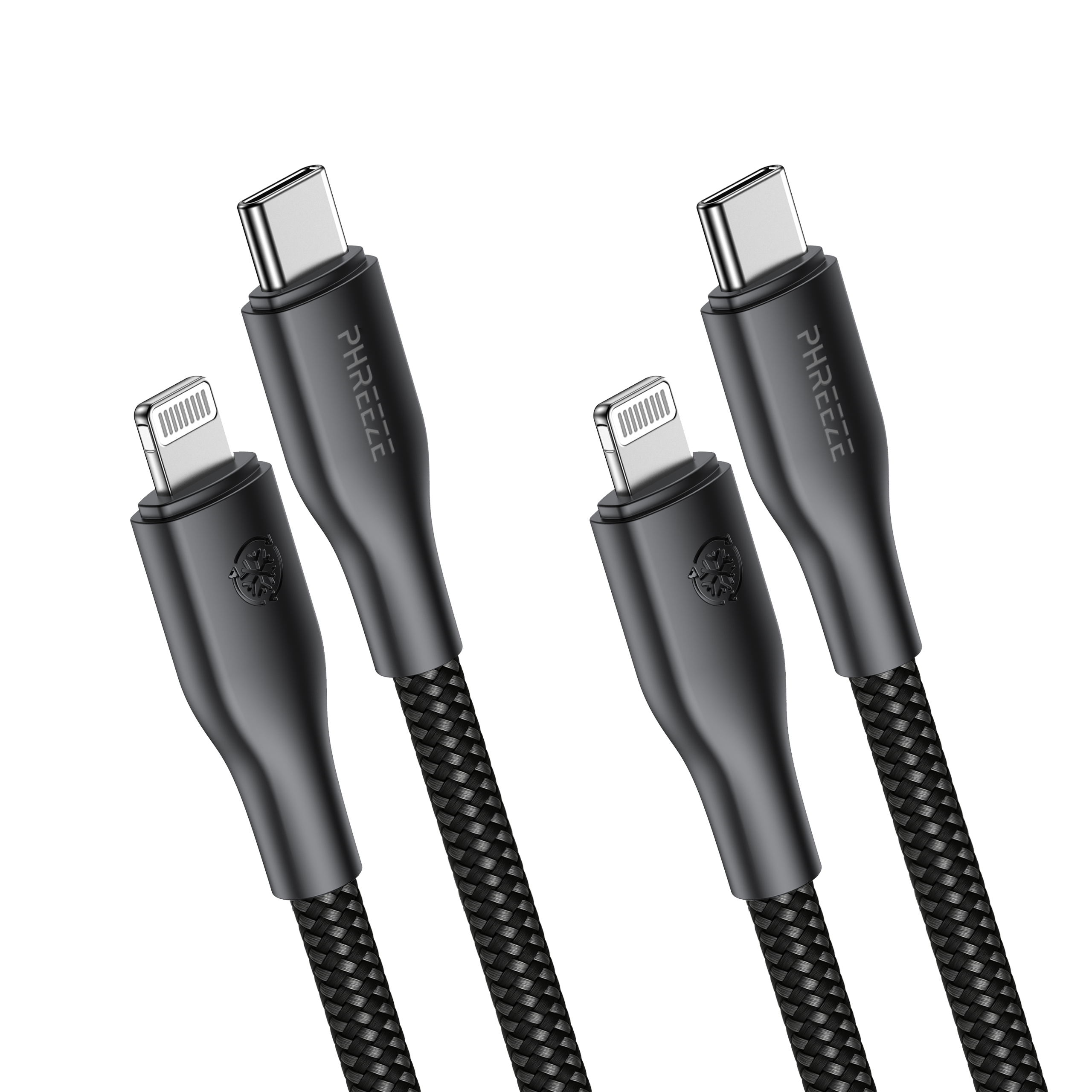Twee zwarte oplaadkabels, een met USB-C en de andere met een Lightning-connector, op een witte achtergrond.