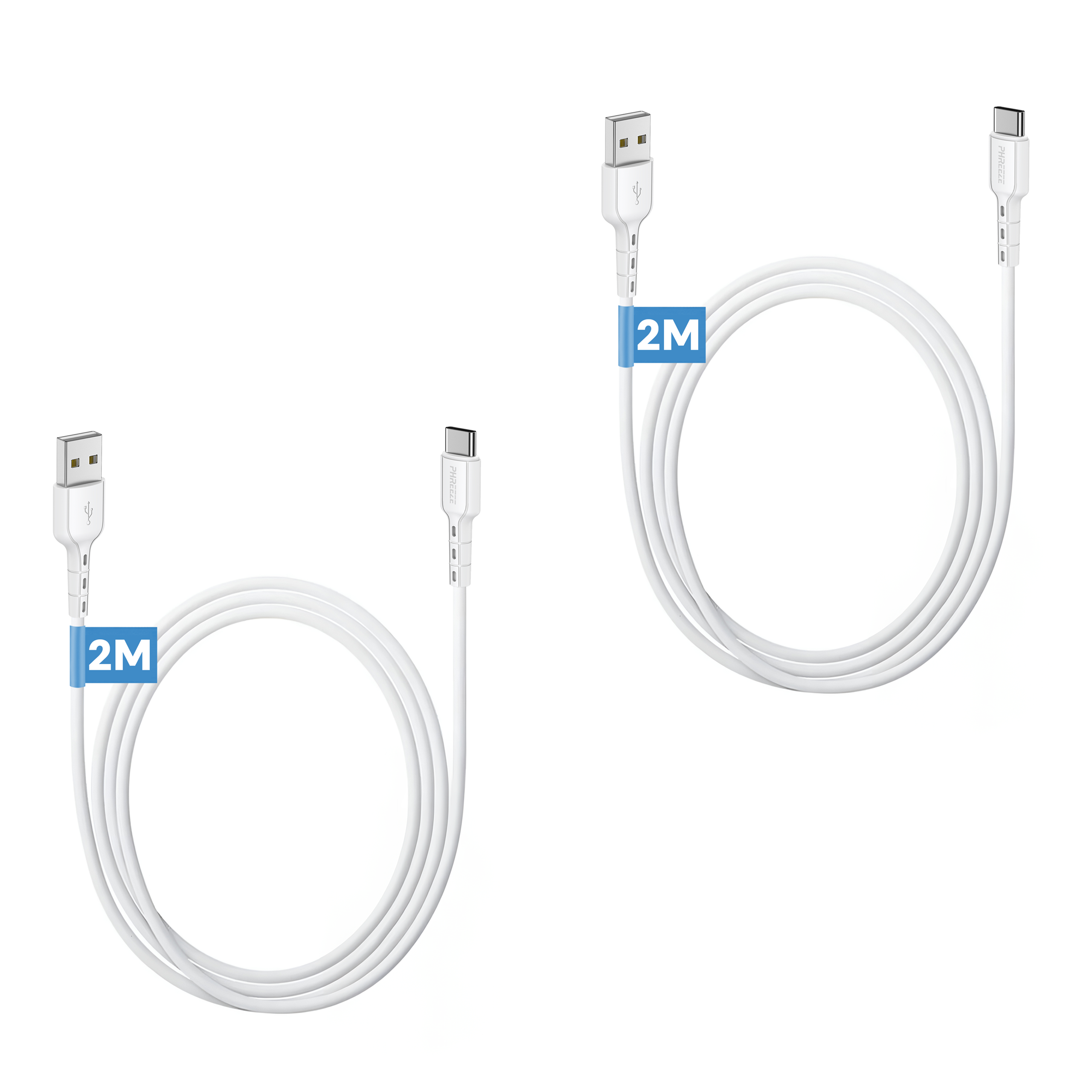 Two white USB cables, each 2 meters long. One end is USB-A, the other is USB-C. Background is white.