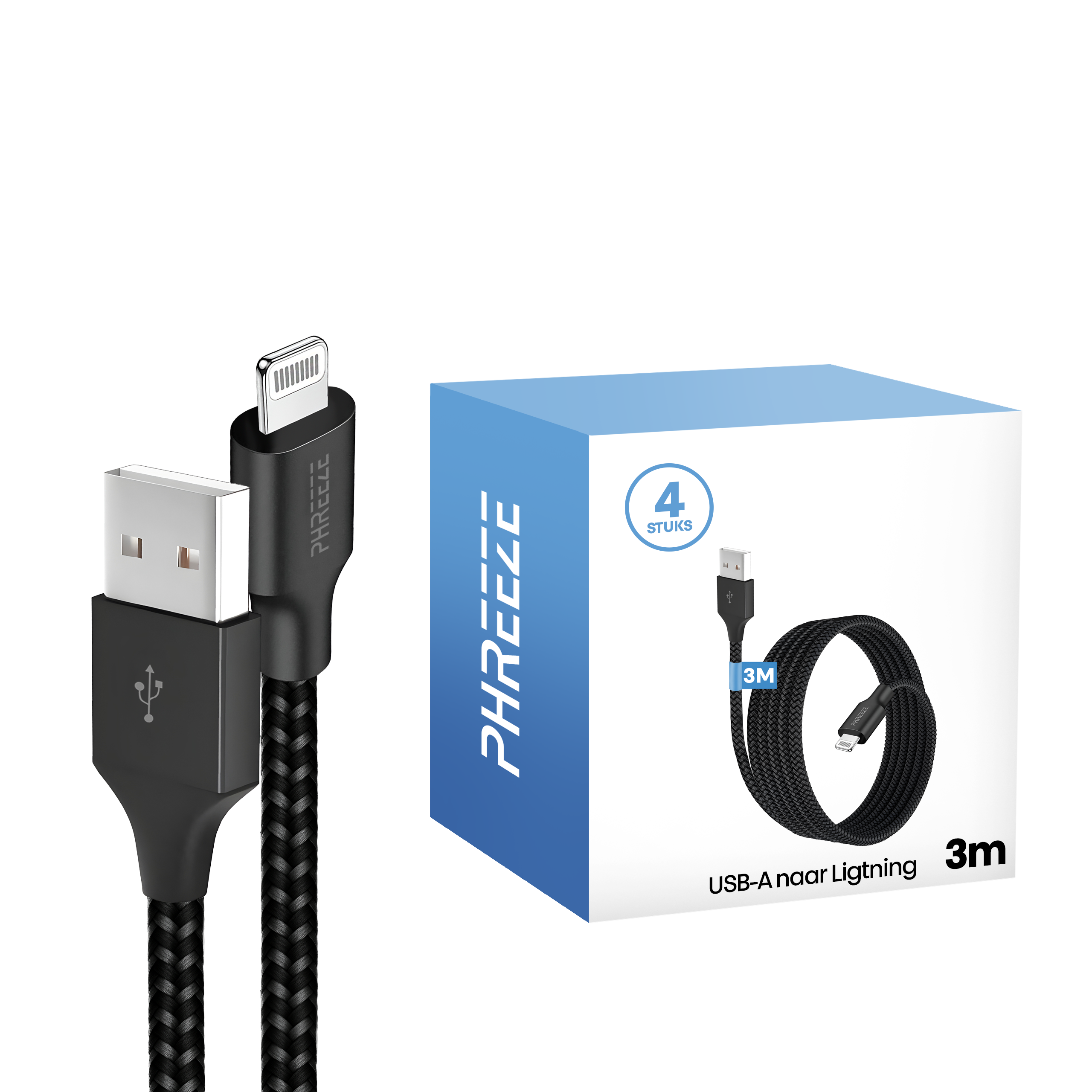 Black USB-A to Lightning cable, braided. A blue box with the text PHREEEE and cable image.