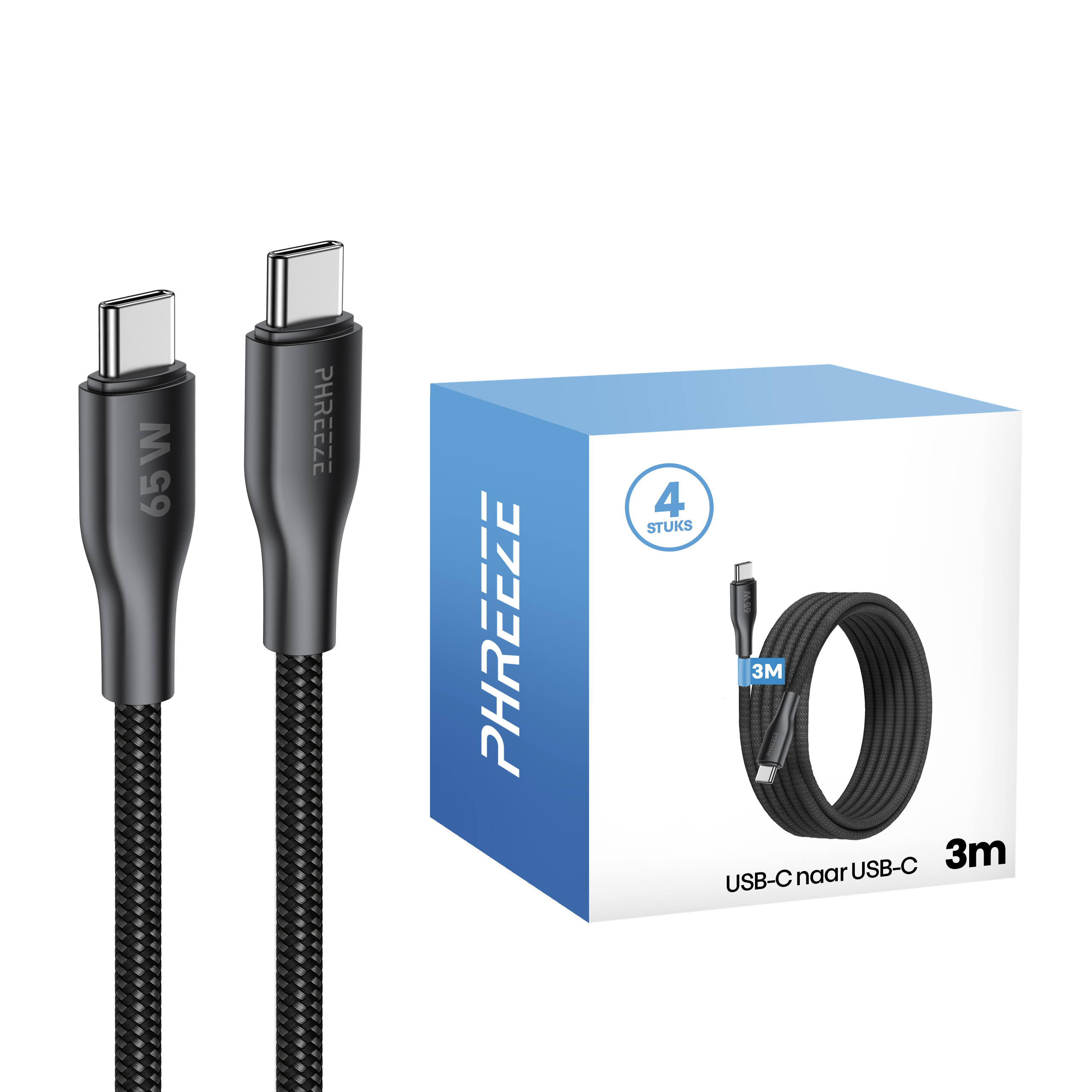 Afbeelding toont twee zwarte USB-C kabels, een blauwe doos met een kabelafbeelding en tekst met 4 stuks.