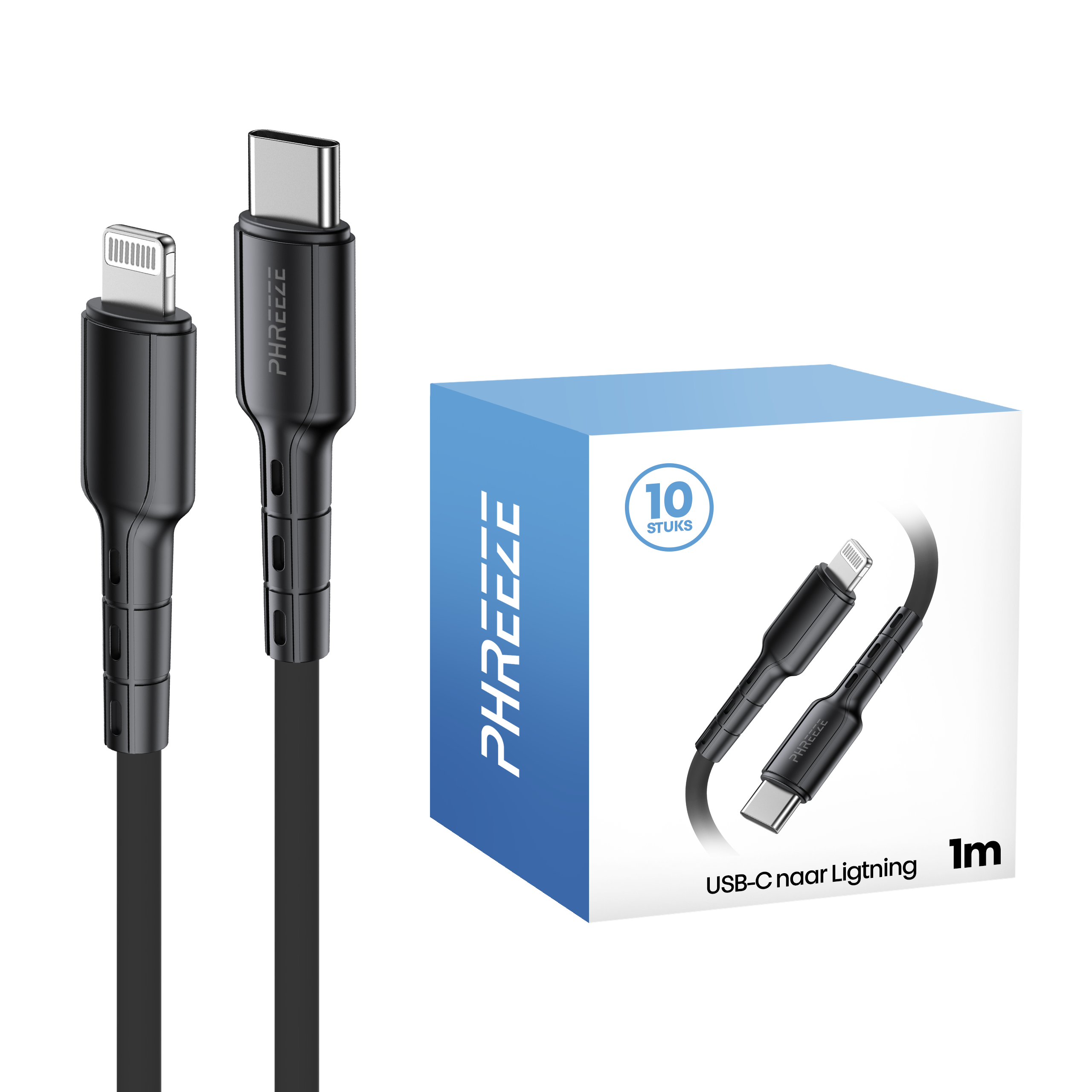 Afbeelding toont twee zwarte USB-kabels, een lightning en een USB-C, met een doos met 'PHREZEE'.