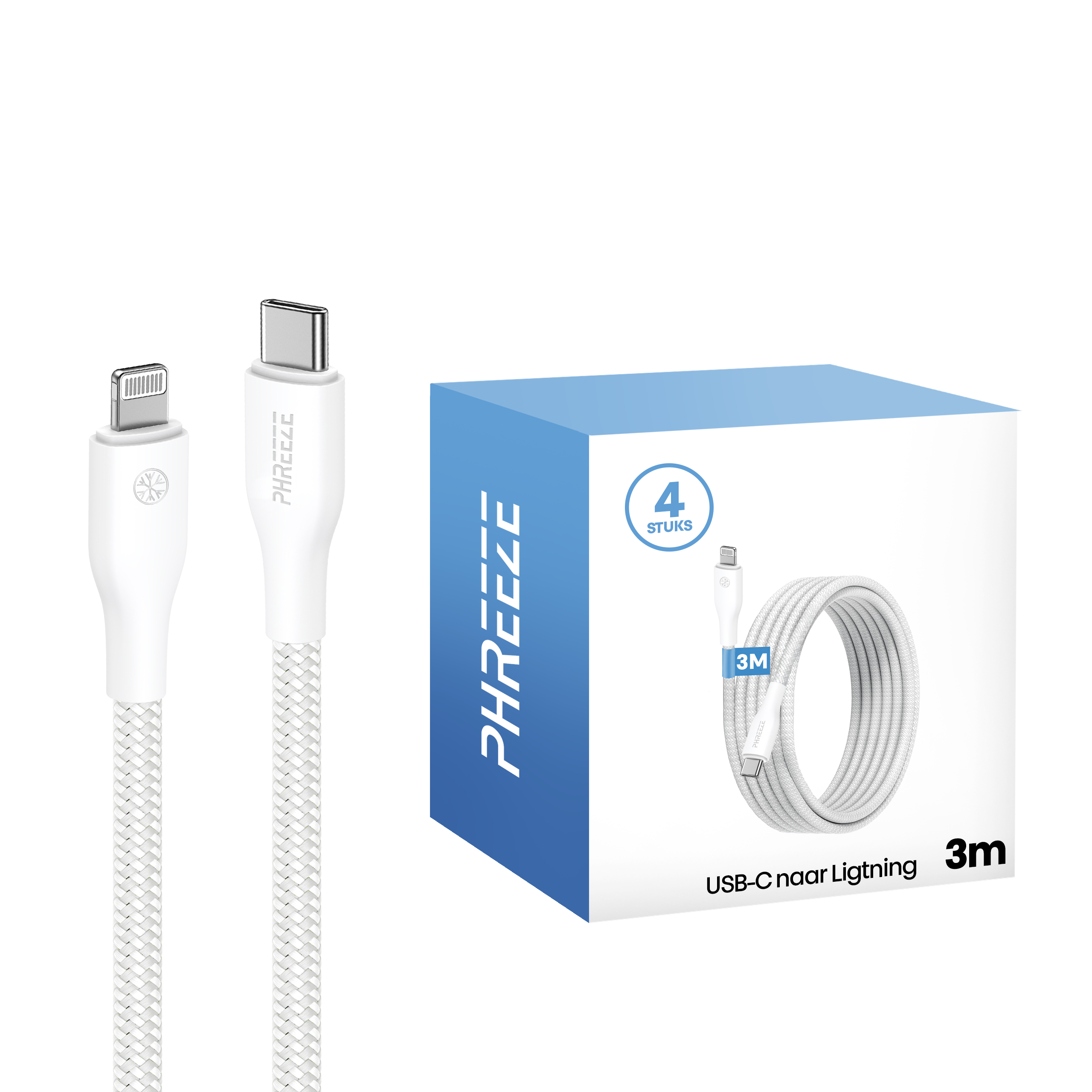 Witte USB-C naar Lightning kabel en doos. Doos toont een kabel en tekst. Twee kabels links.