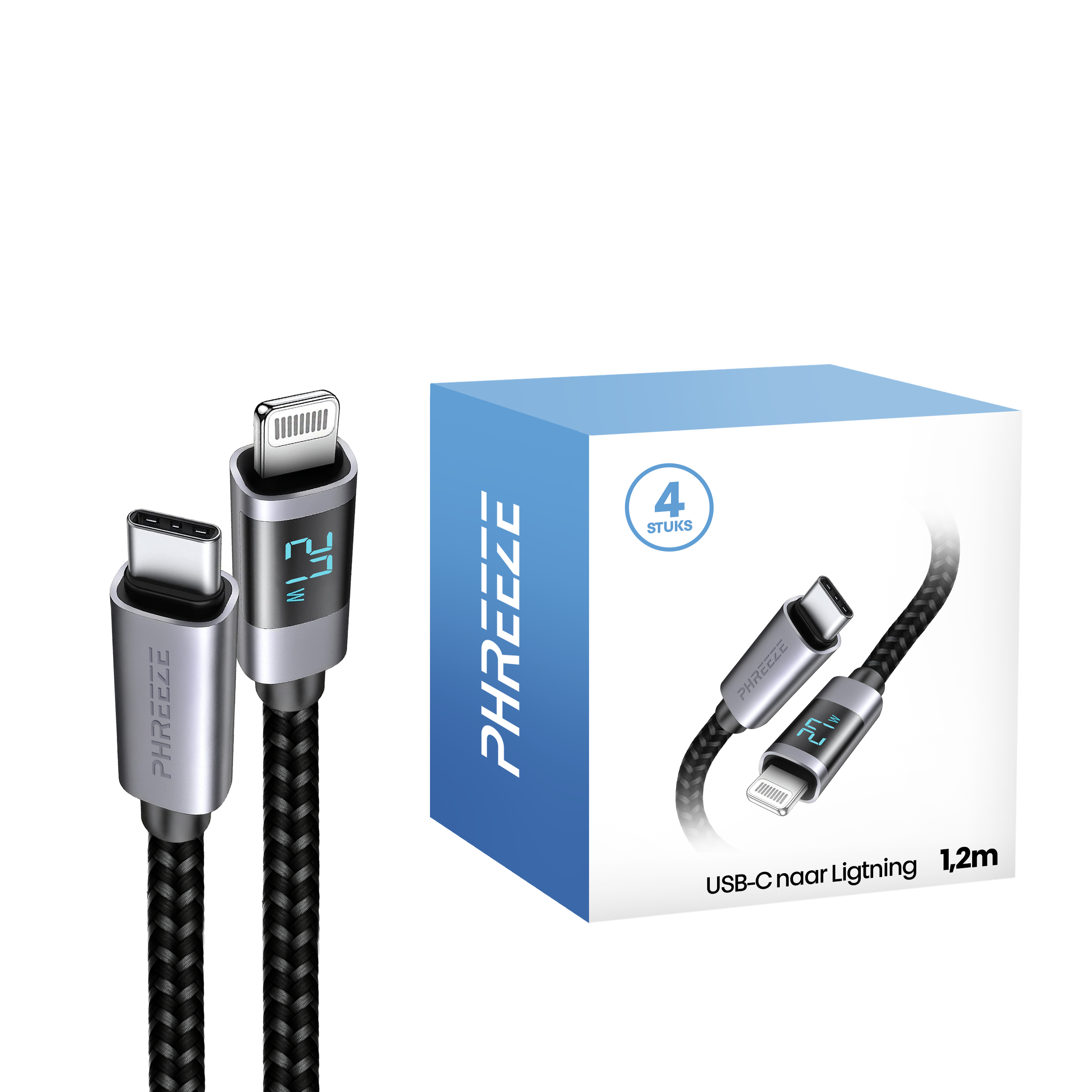 Afbeelding toont twee zilveren USB-C naar Lightning kabels, een blauwe doos met productdetails en een witte achtergrond.