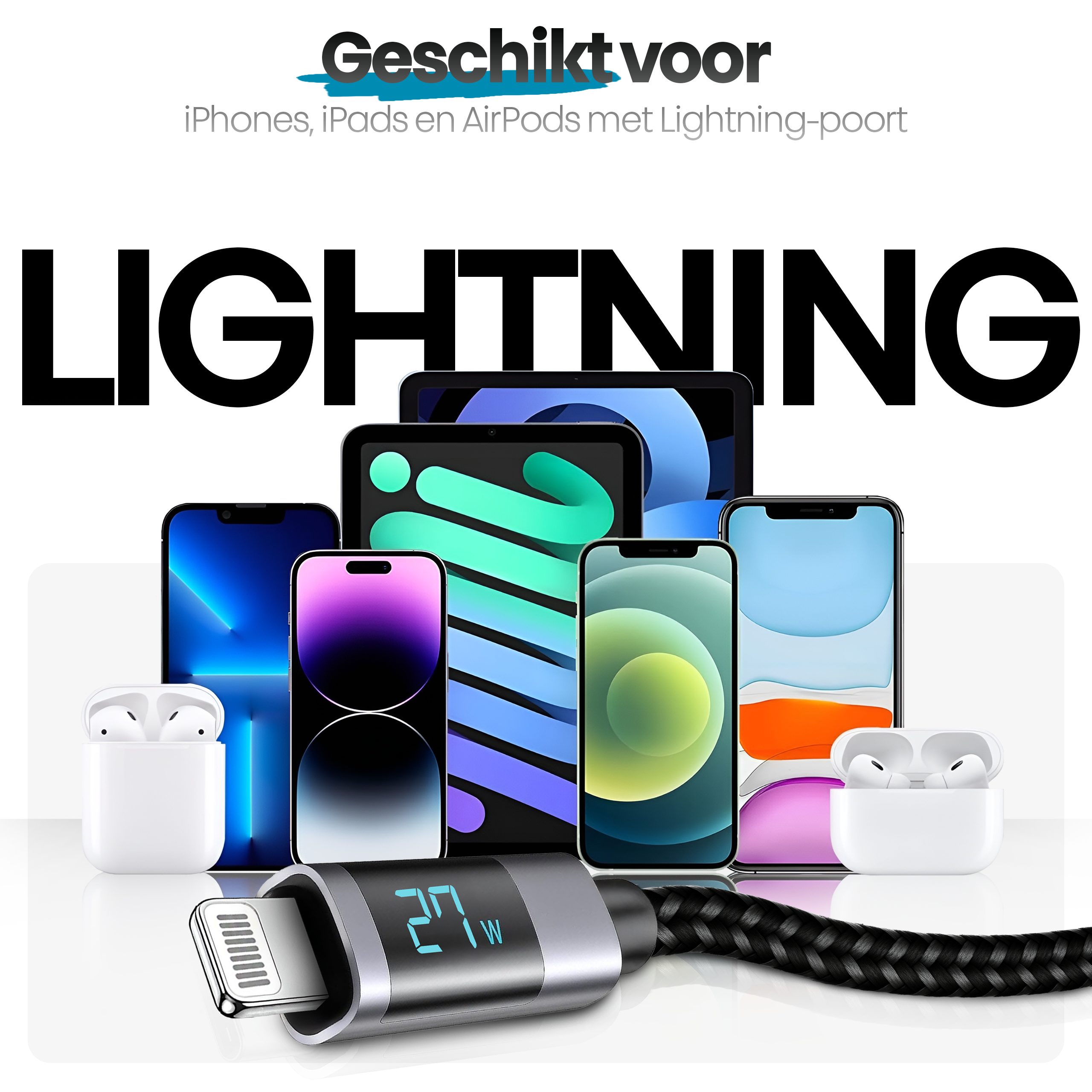 Afbeelding toont iPhones, iPads en AirPods, samen met een oplaadkabel met digitaal display van 27W.