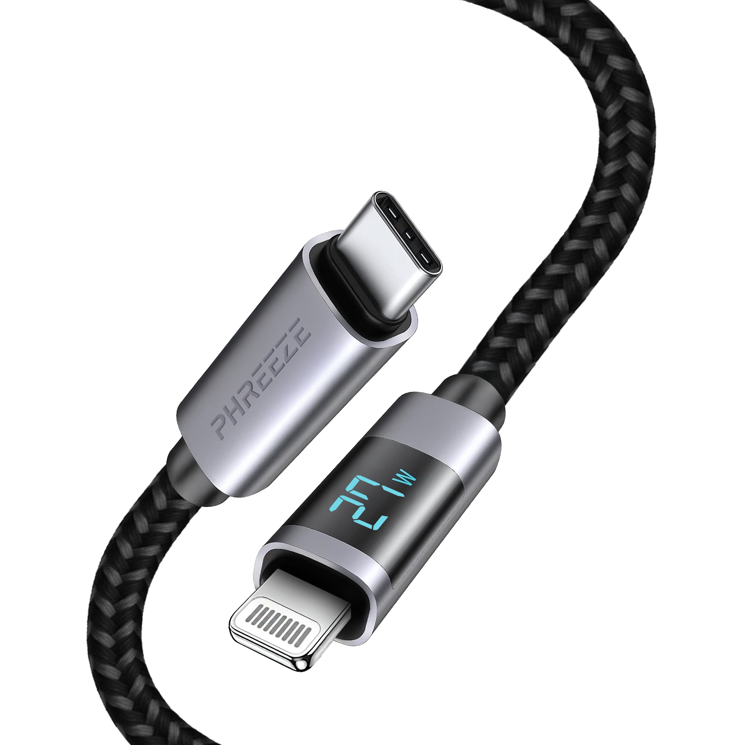 Een gevlochten zwarte USB-C naar Lightning-kabel. Eén uiteinde is USB-C, de andere een Lightning-connector. De kabel toont 20W.