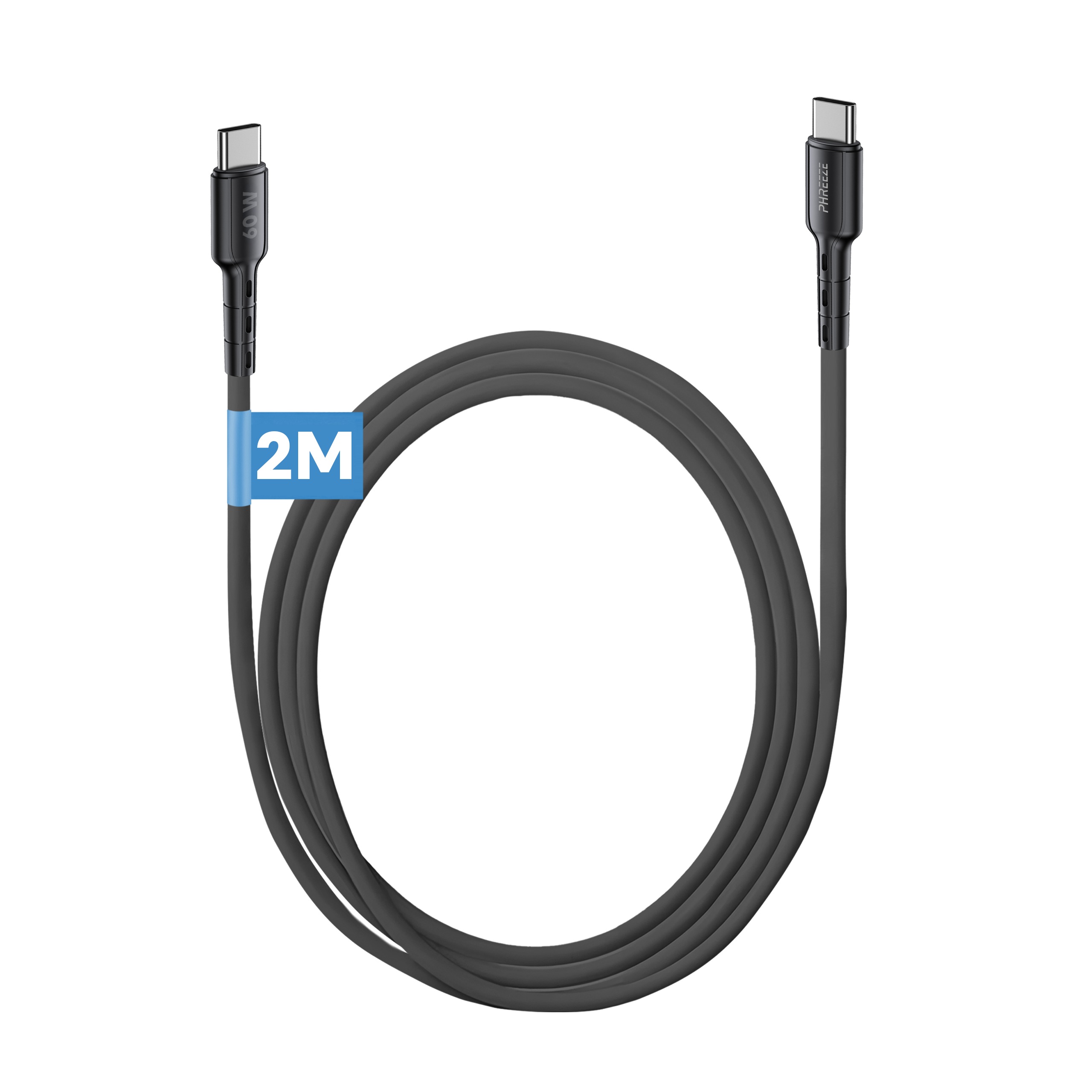 Grijze USB-C-kabel met zwarte connectoren. Een blauw label geeft 2 meter aan. De achtergrond is wit.
