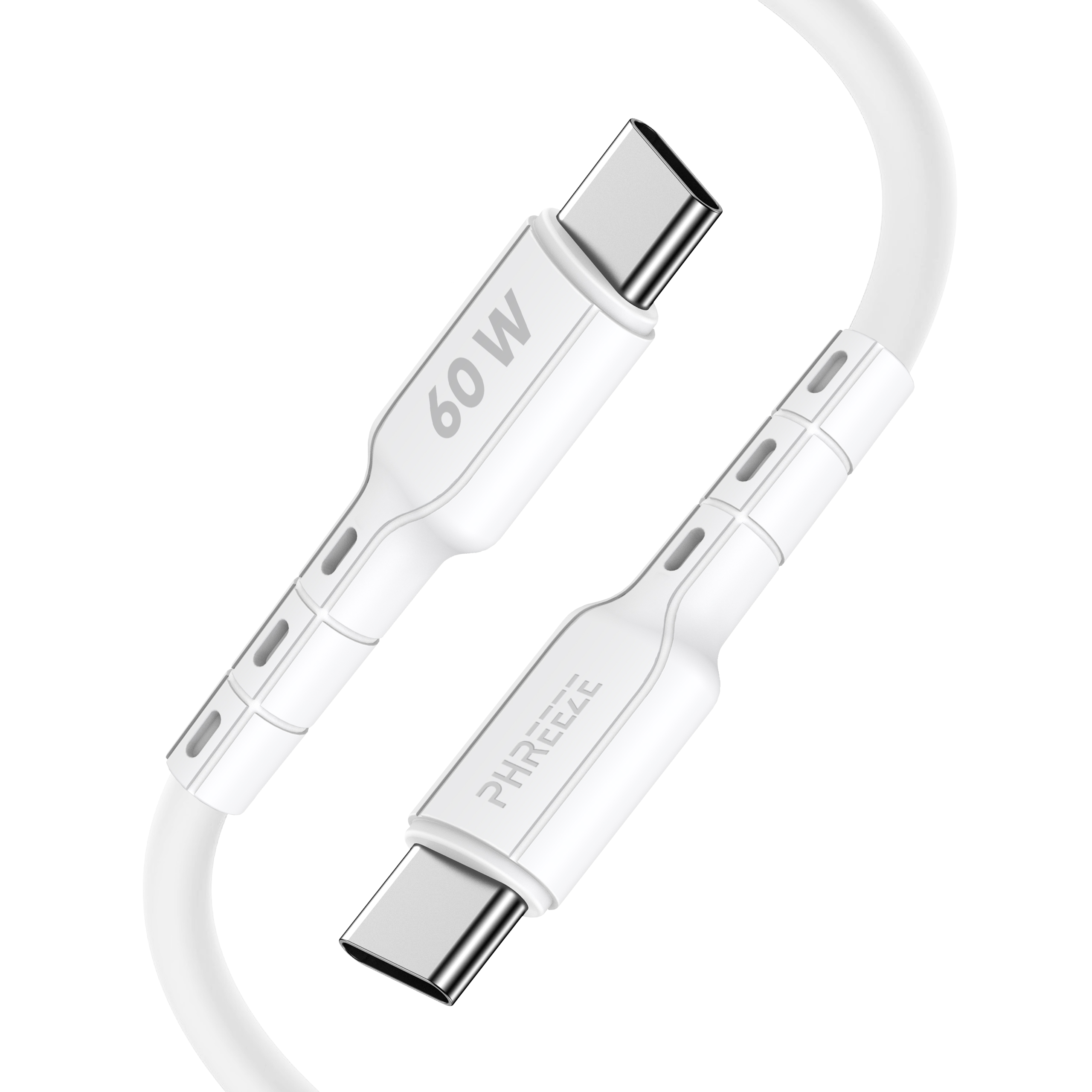 Een witte USB-C oplaadkabel met zilveren connectoren. De kabel is gemarkeerd met '60W' en 'PHREEZE'.