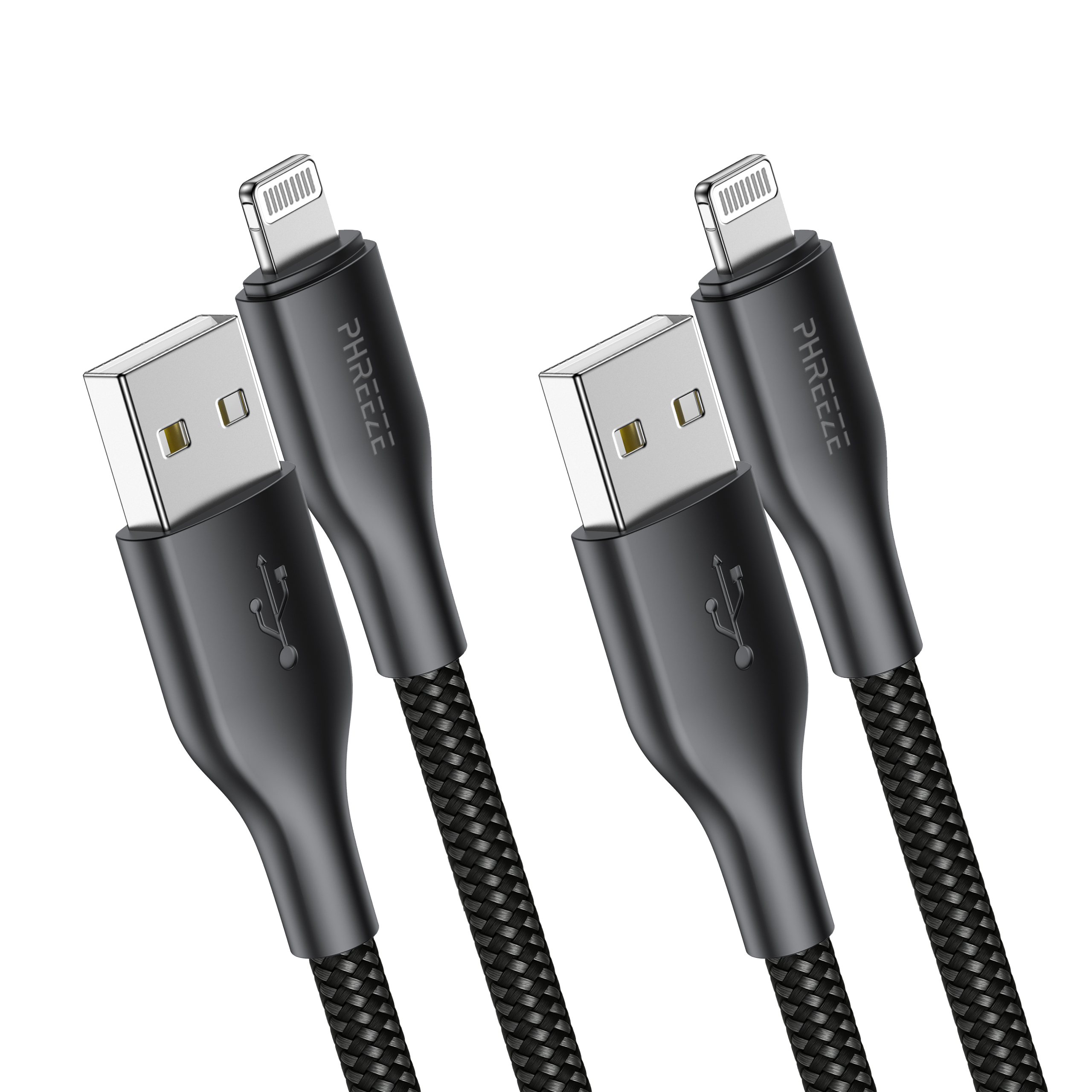 Two black charging cables with USB and lightning connectors, on white background.