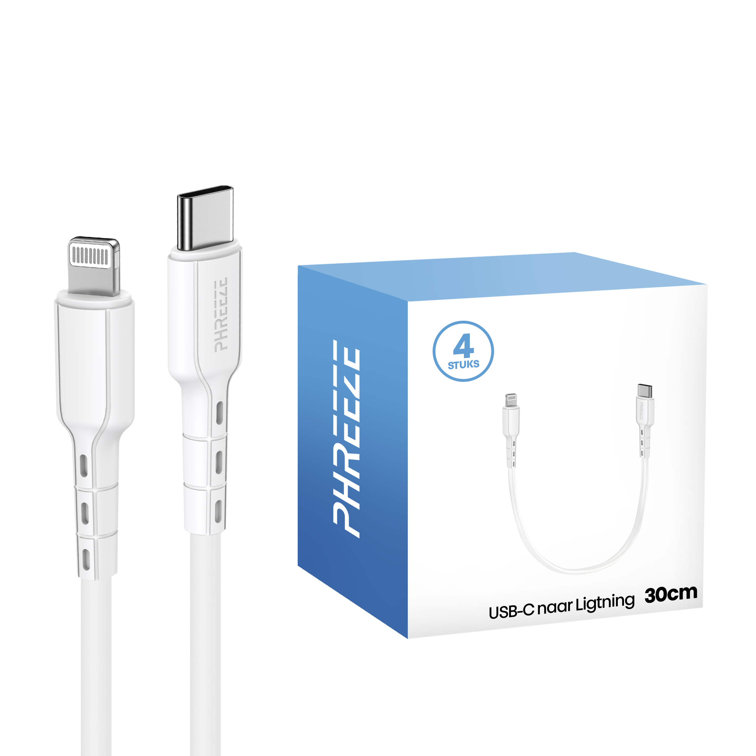 Witte USB-C naar Lightning kabels en een blauwe doos. De doos heeft de tekst 'PHREEZE' en een afbeelding van de kabel.