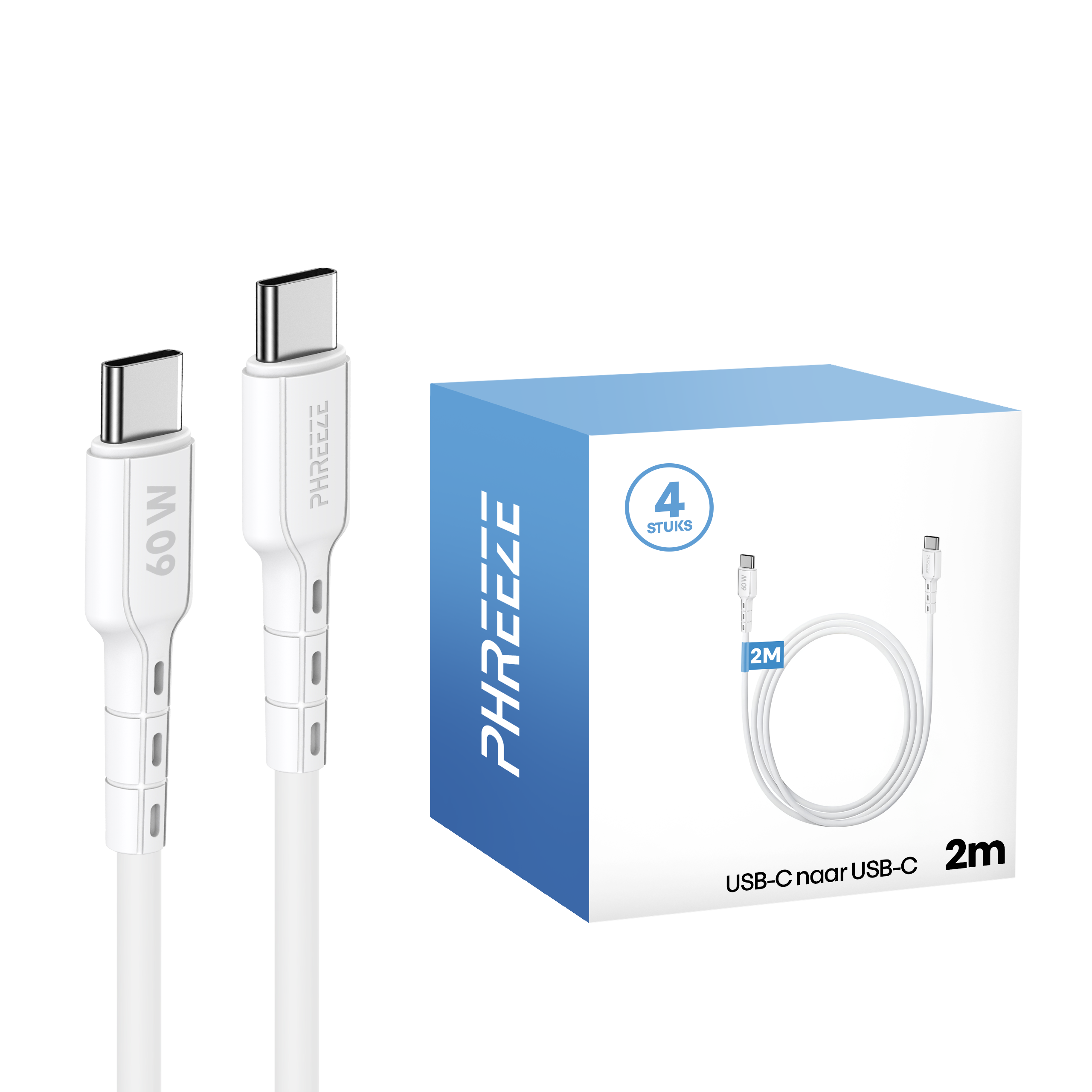 Witte USB-C kabels en een doos met 'PHREEZE' logo. Kabels zijn 2M lang. Doos zegt '4 stuks'.