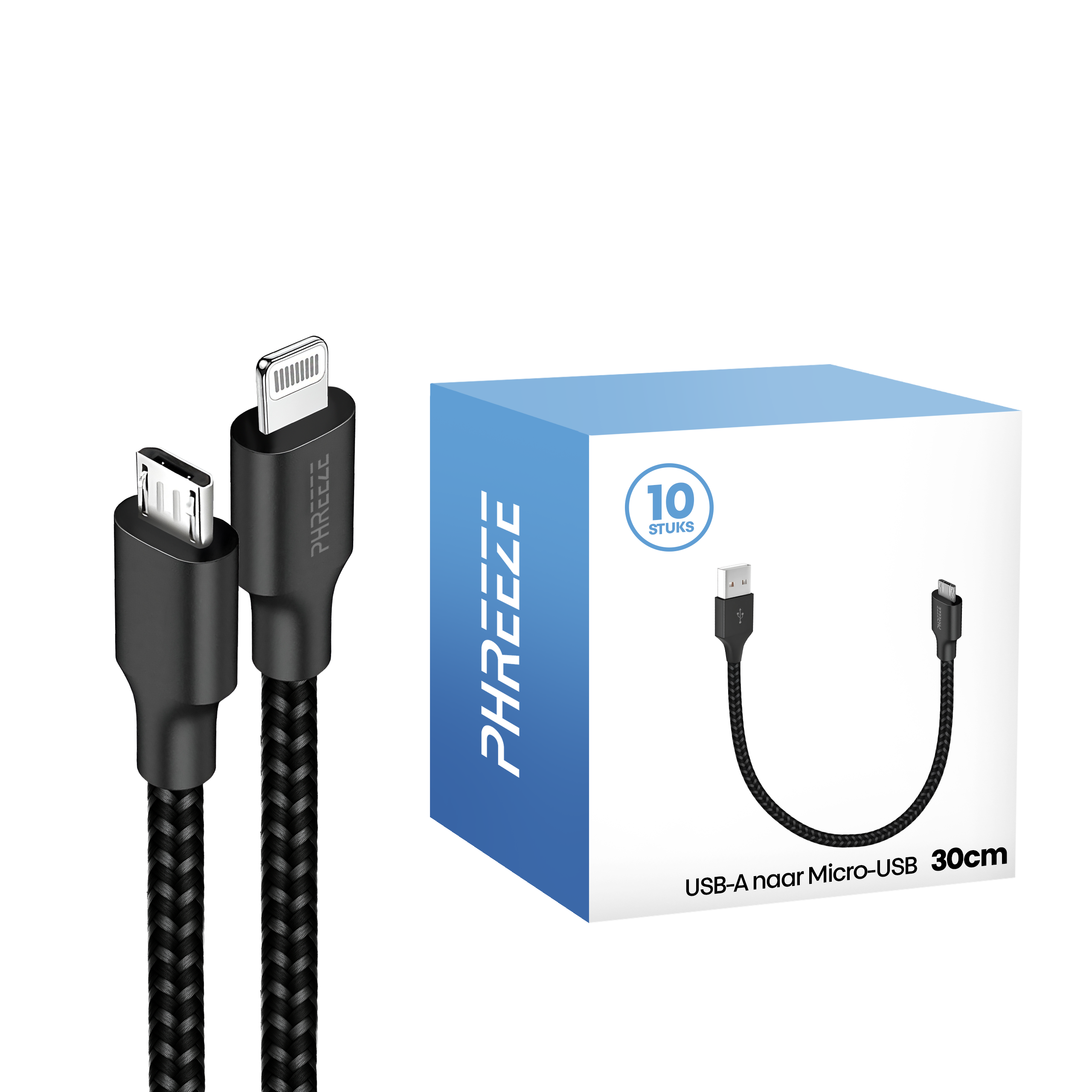 Image shows black USB cables and a box. The cables are lightning and micro-USB. The box says PHREEZE and USB-A to Micro-USB.