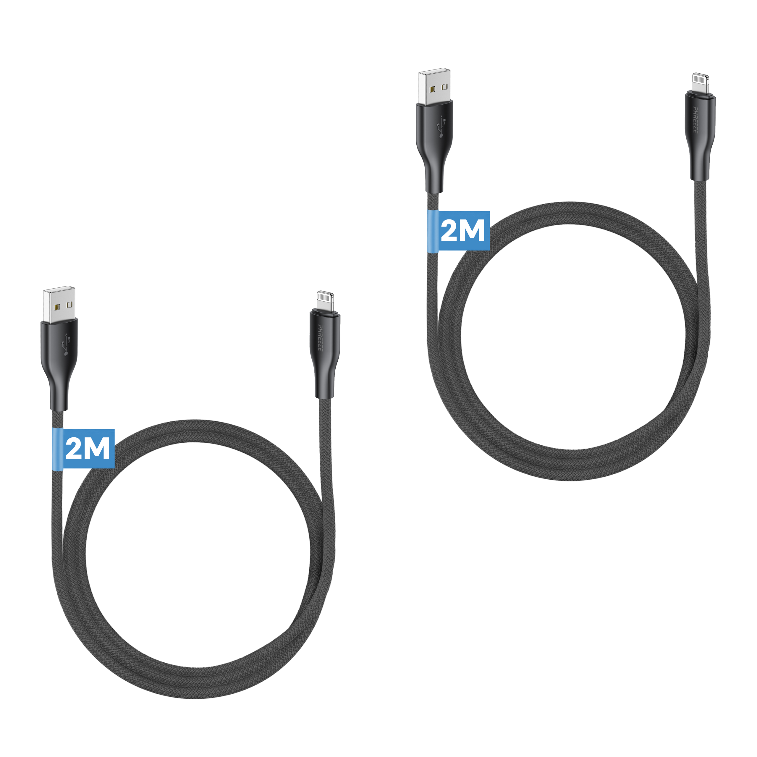 Two black USB cables, 2 meters long, are arranged in a loop. One end has a USB-A connector, the other a Lightning connector.