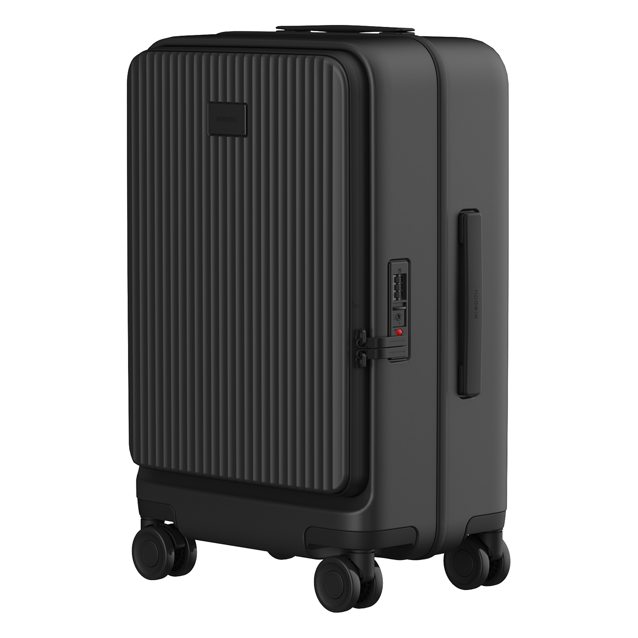 Une valise noire avec des rainures verticales, des roues et une poignée. Elle a le logo Xiaomi.
