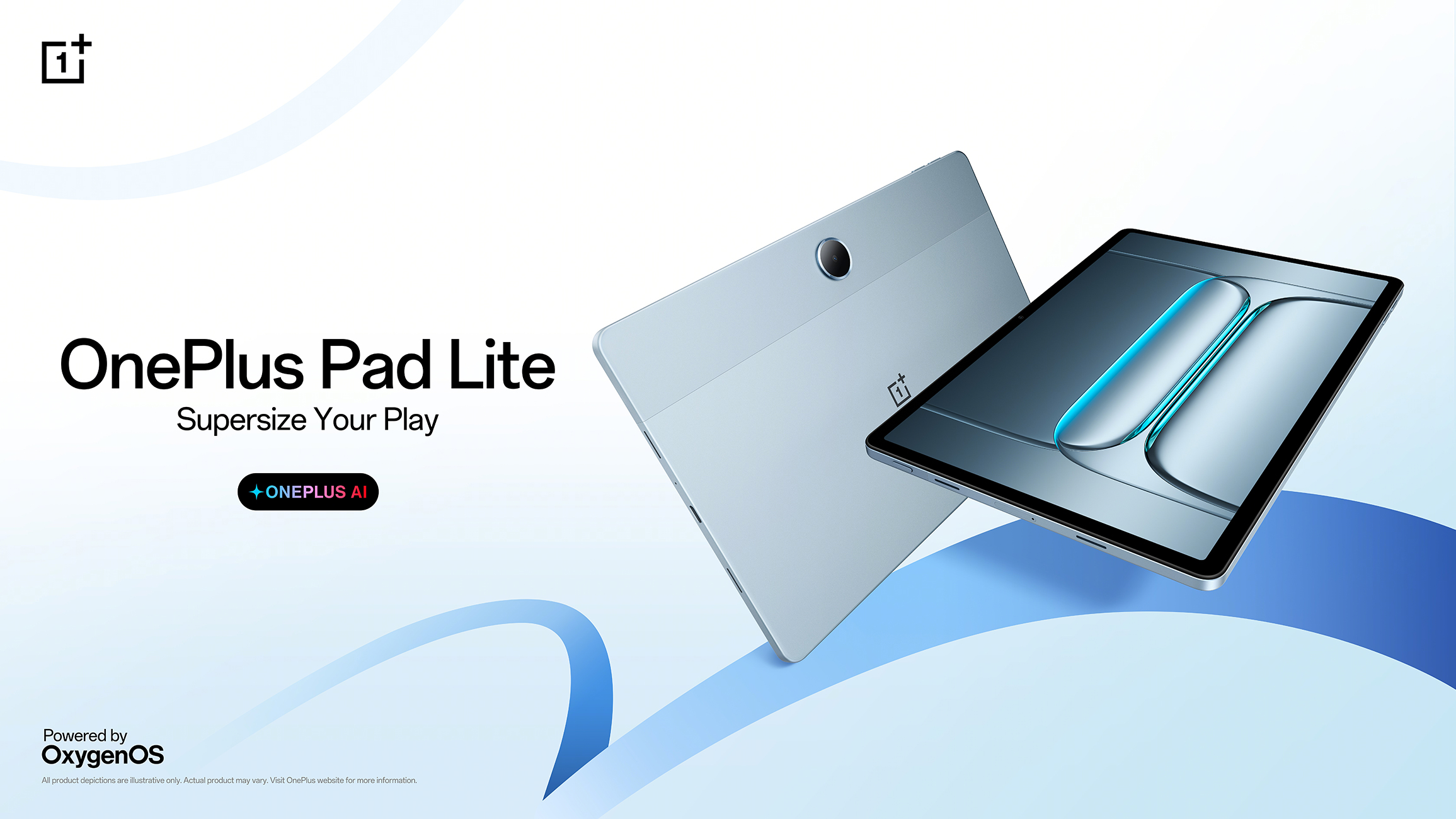 L'immagine mostra due tablet OnePlus Pad Lite azzurri. Il testo include 'OnePlus Pad Lite' e 'Supersize Your Play'.