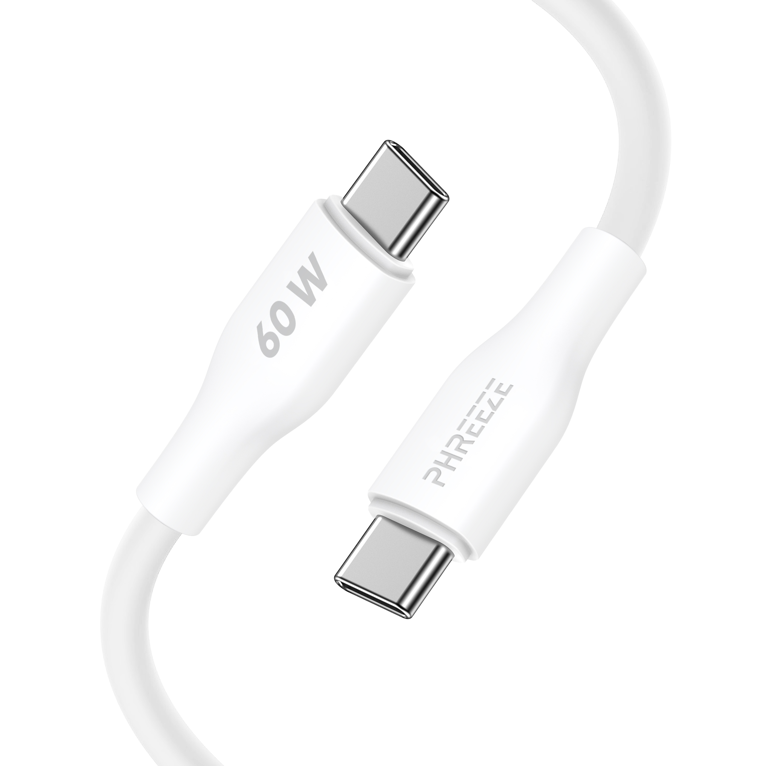 A white USB-C charging cable with silver connectors. The cable is branded with 'PHREEZE' and '60W'.