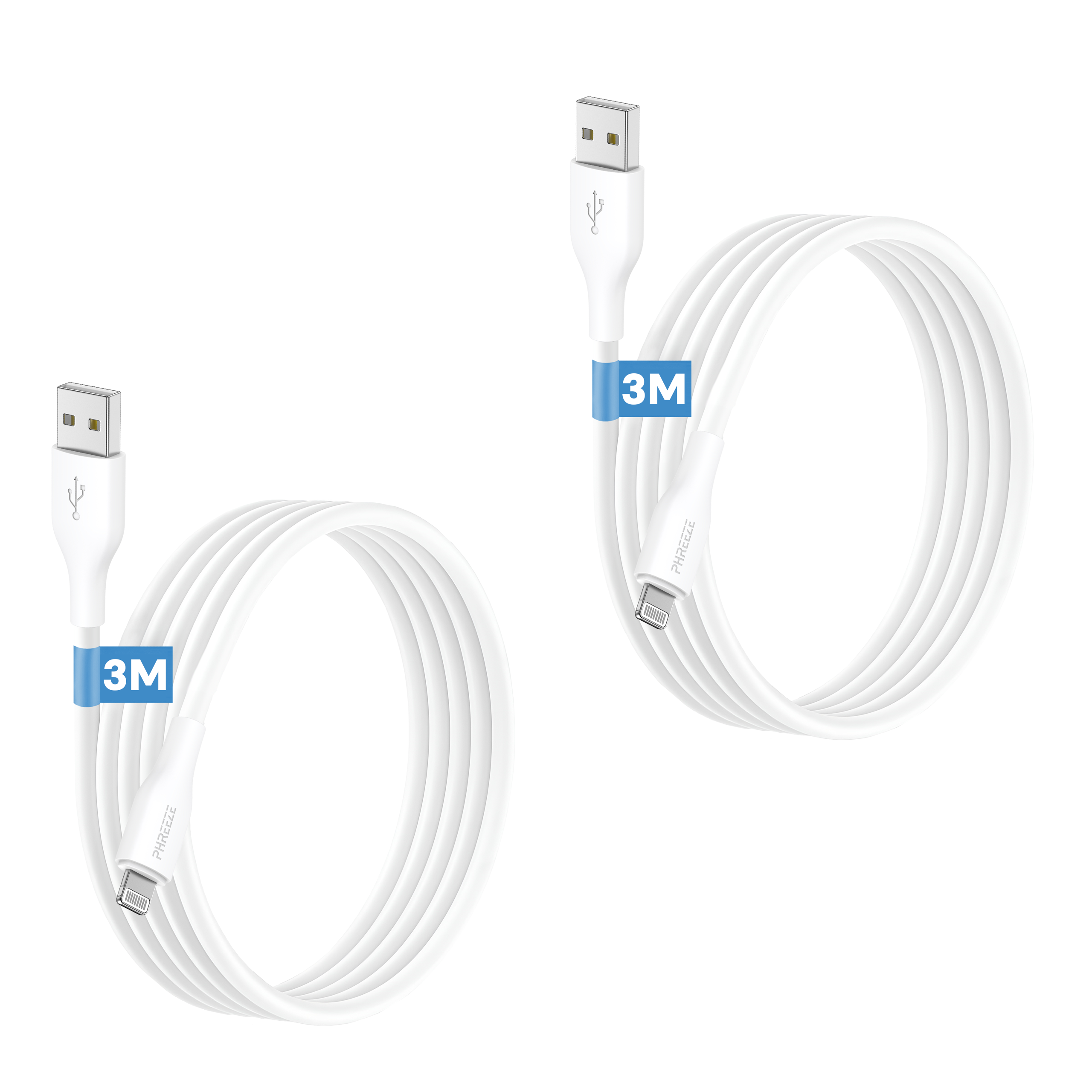 Two white USB cables, each with a USB and Lightning connector. Both have a 3M label. White background.