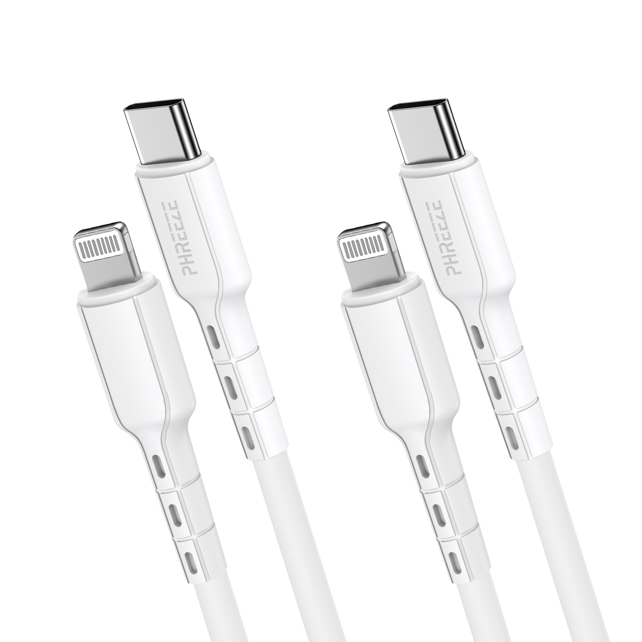 Twee witte oplaadkabels met verschillende connectoren. Eén heeft USB-C en de andere een Lightning-connector. Witte achtergrond.
