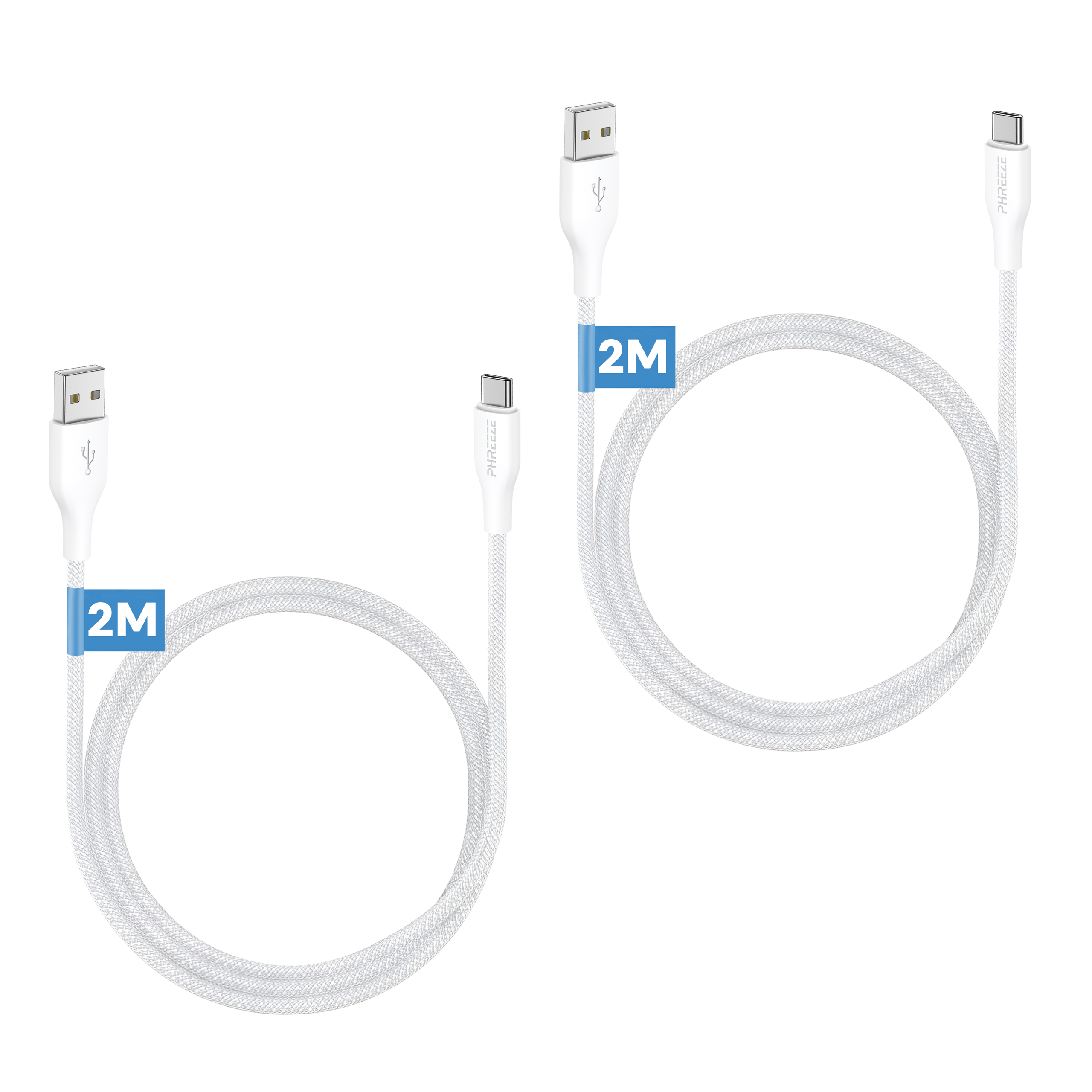 Two white USB cables, each 2 meters long. One USB-A to USB-C, the other USB-A.