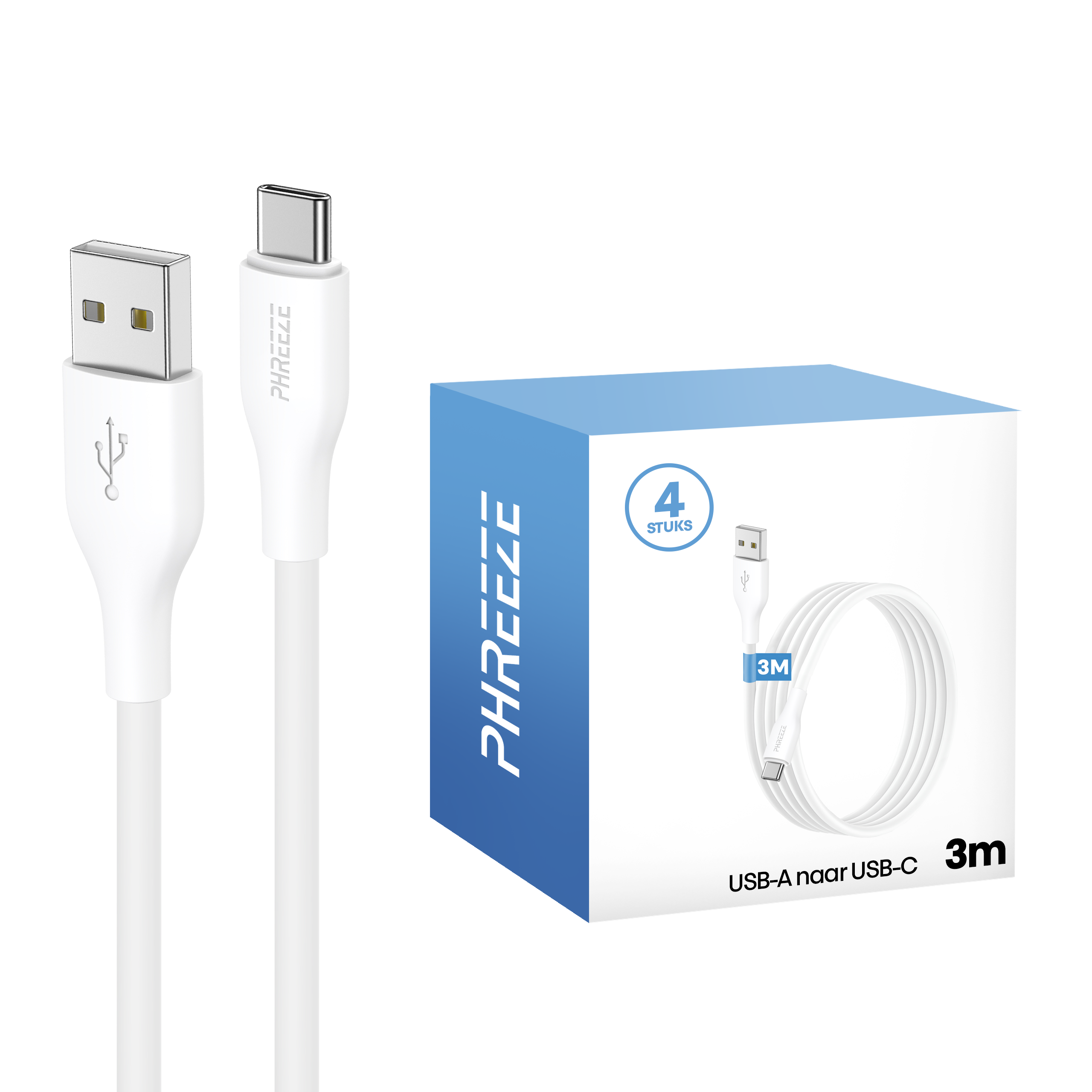 Witte USB-A naar USB-C kabel en doos. De doos heeft een afbeelding van de kabel. De merknaam is PHREEZE.