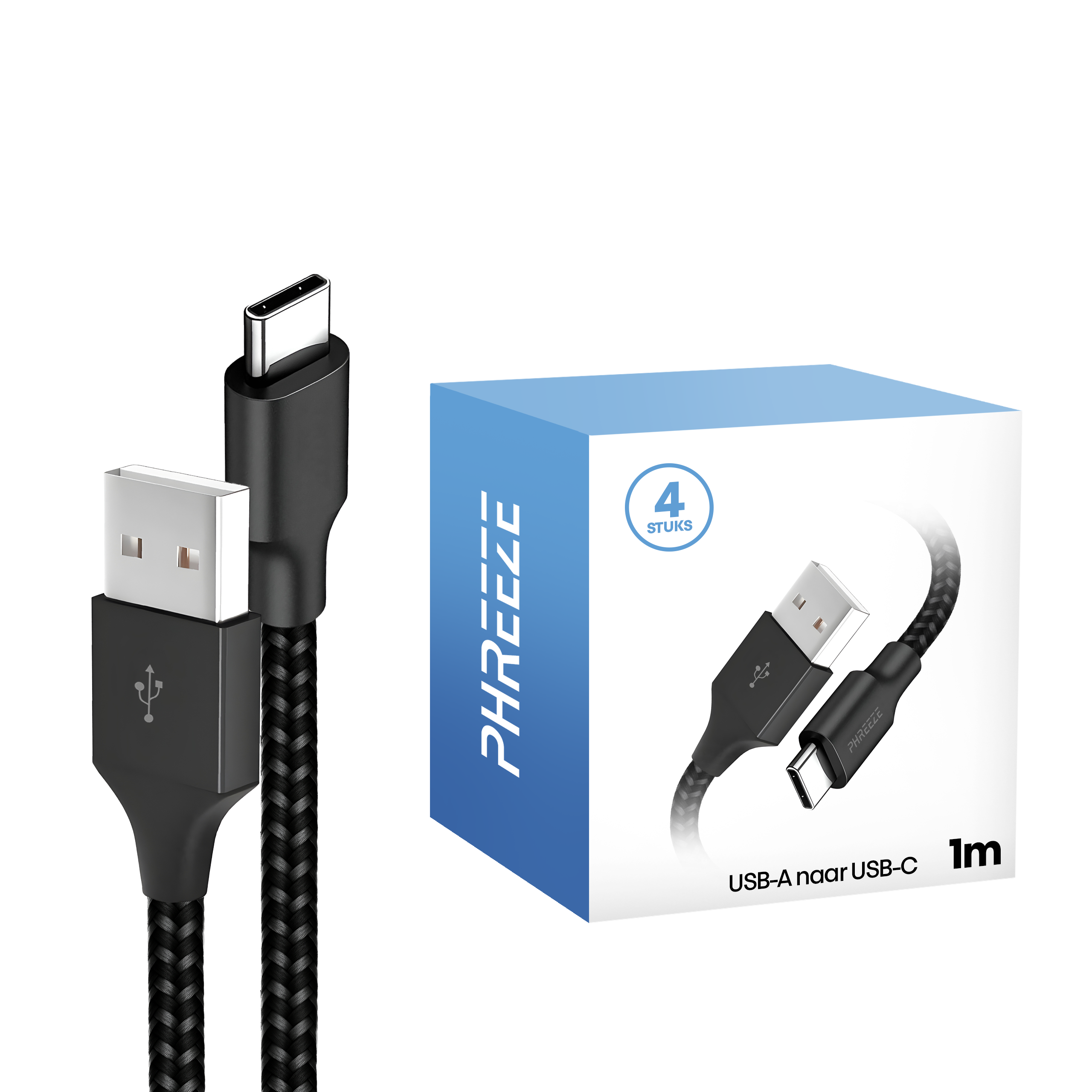 Afbeelding toont een zwarte USB-A naar USB-C kabel met een blauwe doos met 'PHREEE' en '4 stuks'.