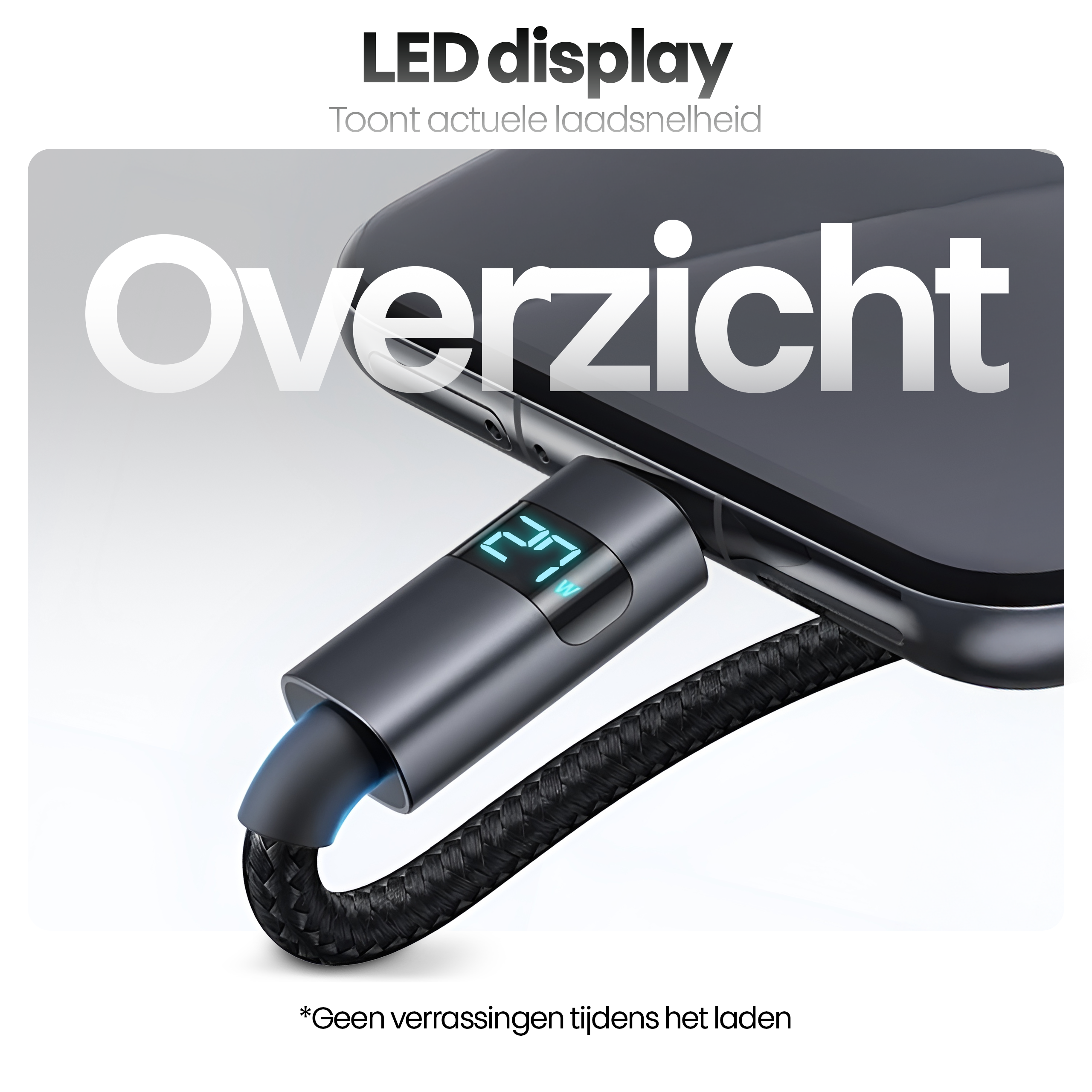Een telefoon die oplaadt met een kabel. De kabel heeft een digitaal display met het vermogen. Tekst: 'LED-display'.