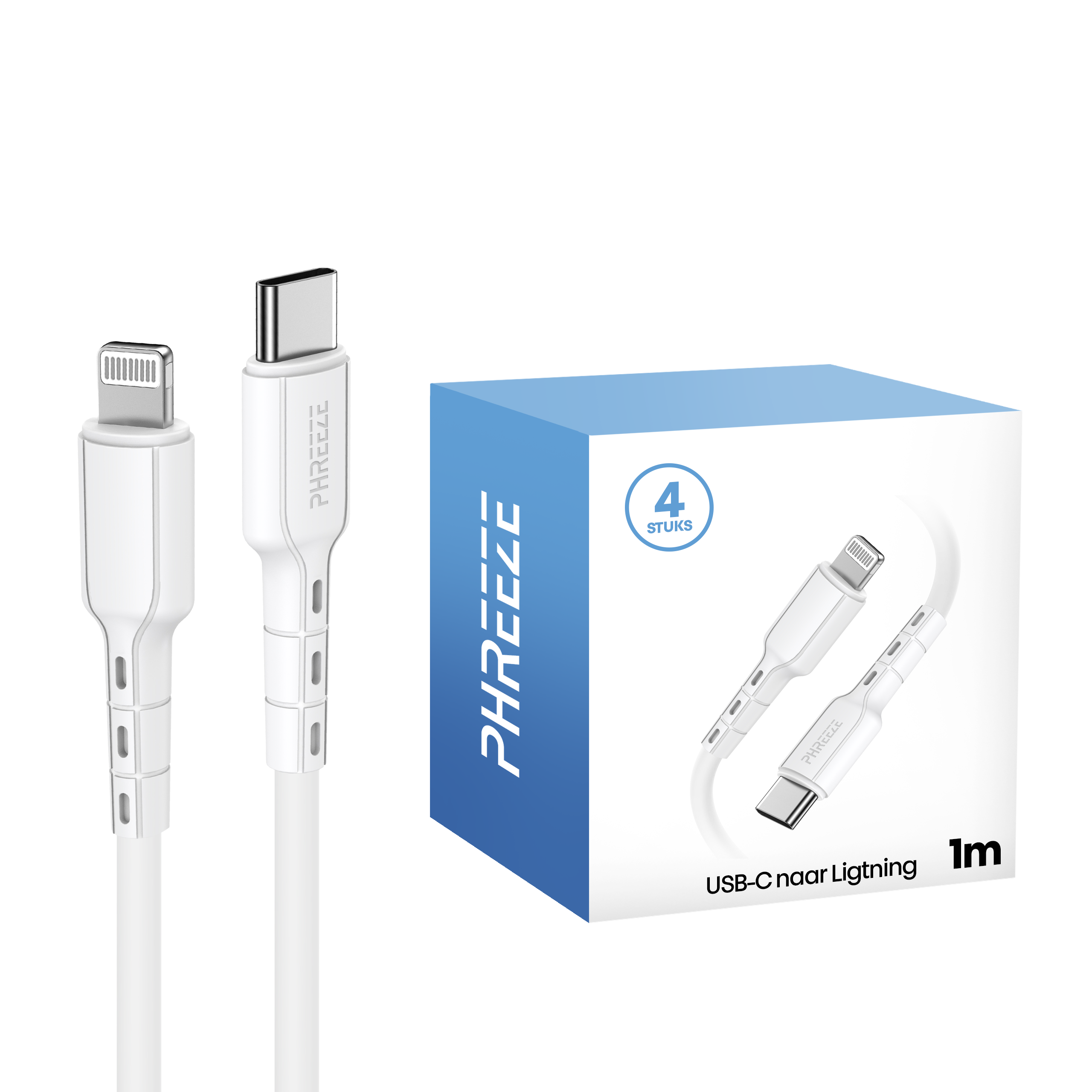 Witte USB-C naar Lightning kabels en een doos met dezelfde kabels. De doos is blauw en wit.