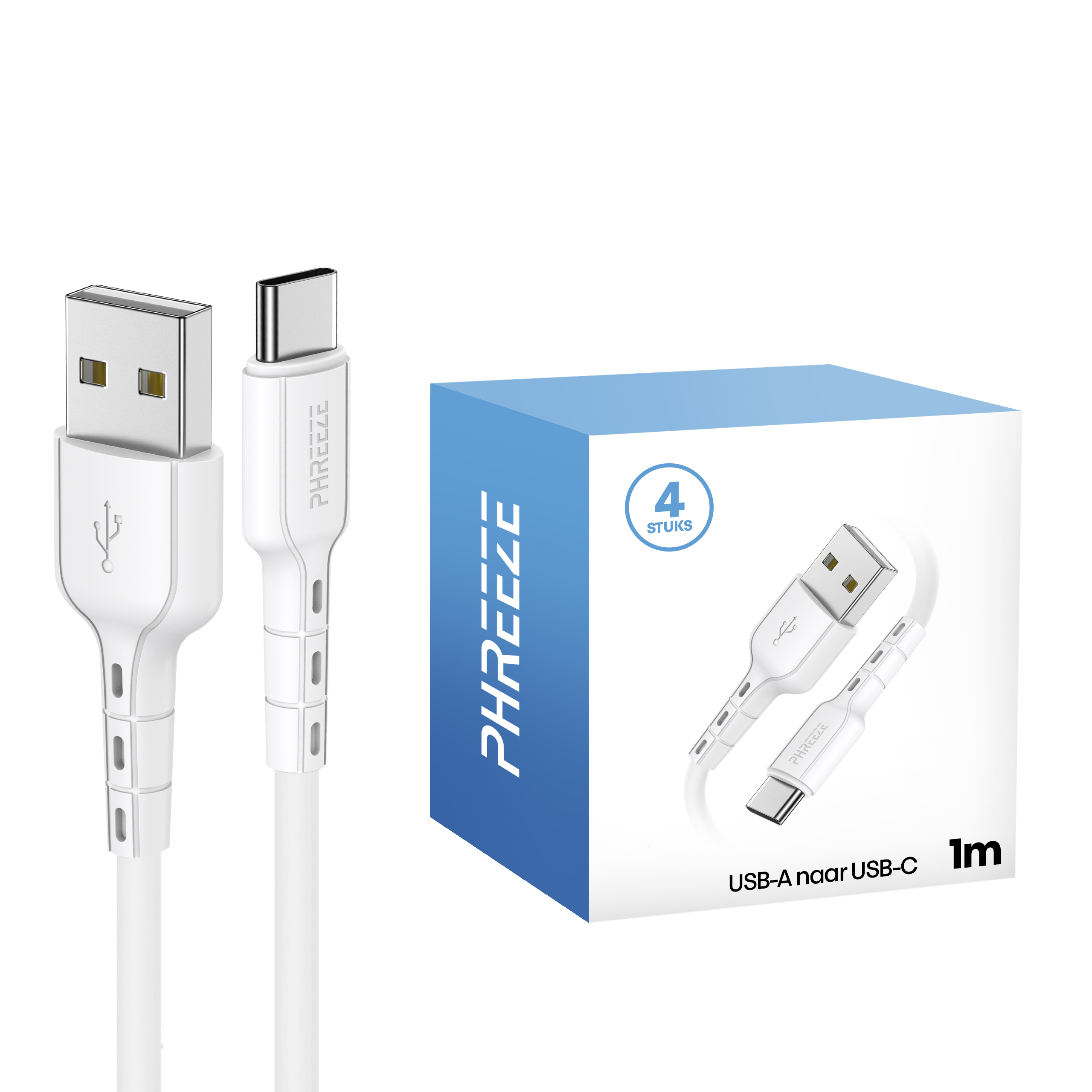 Witte USB-A naar USB-C kabel en doos. De doos geeft 4 stuks en 1m lengte aan.