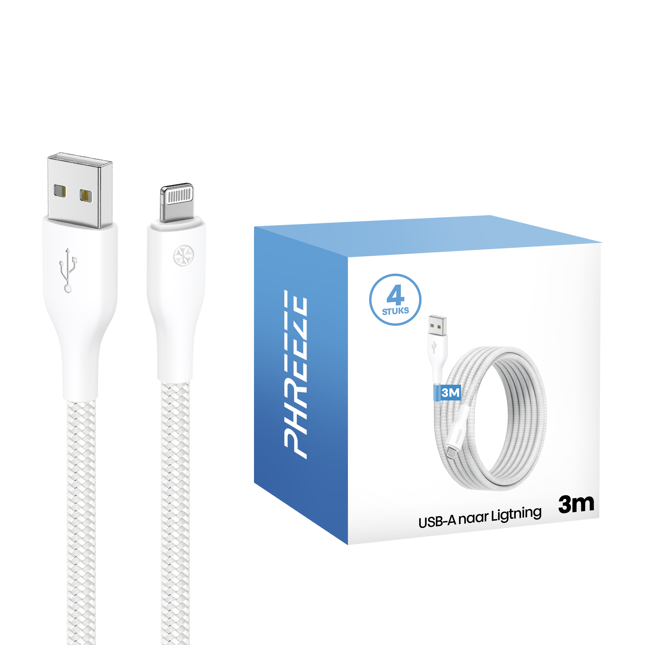 A white USB-A to Lightning cable is displayed. A box shows a coiled cable. The box is blue and white.
