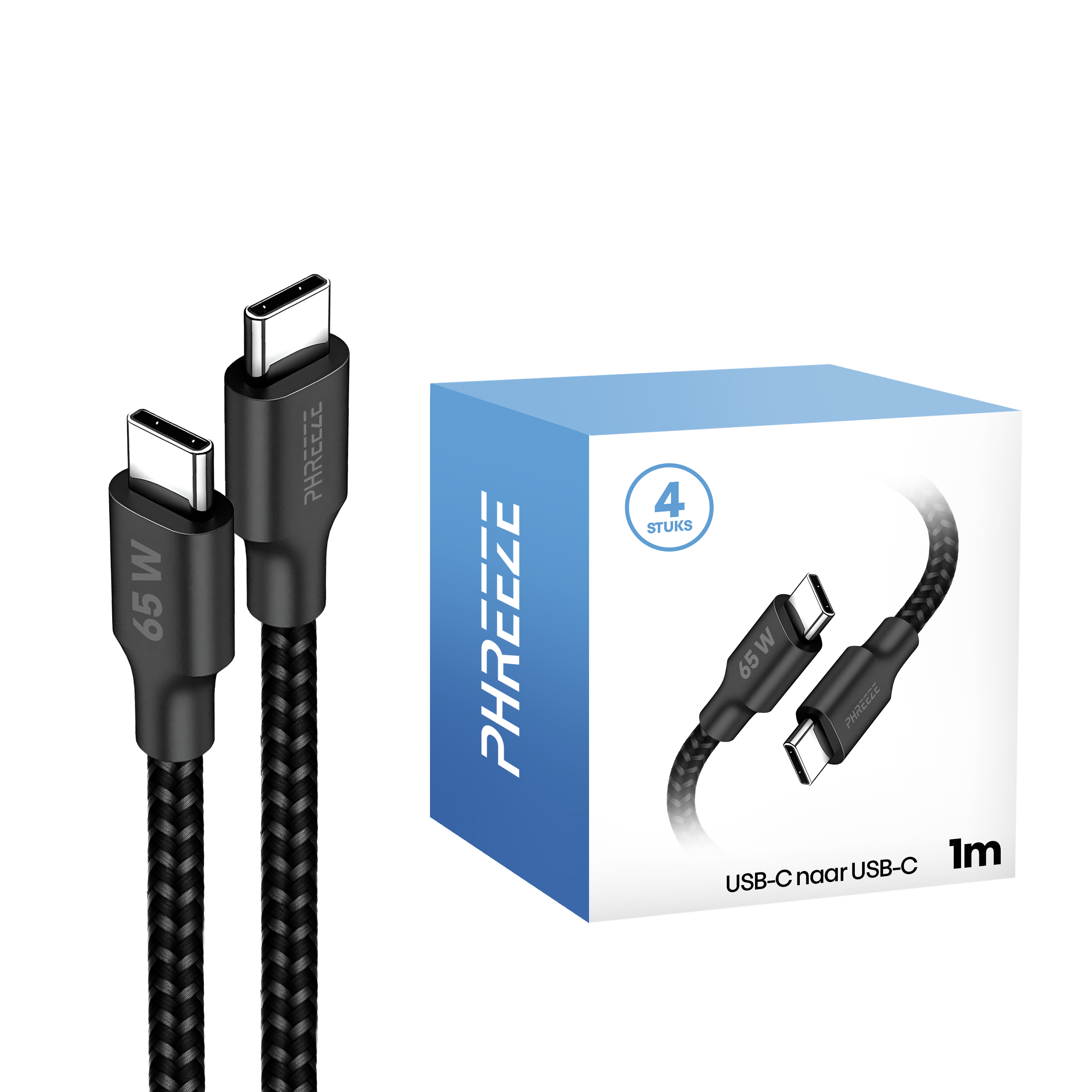 Twee zwarte USB-C kabels, een blauw-witte doos. De doos toont een kabelafbeelding en zegt '4 stuks'.
