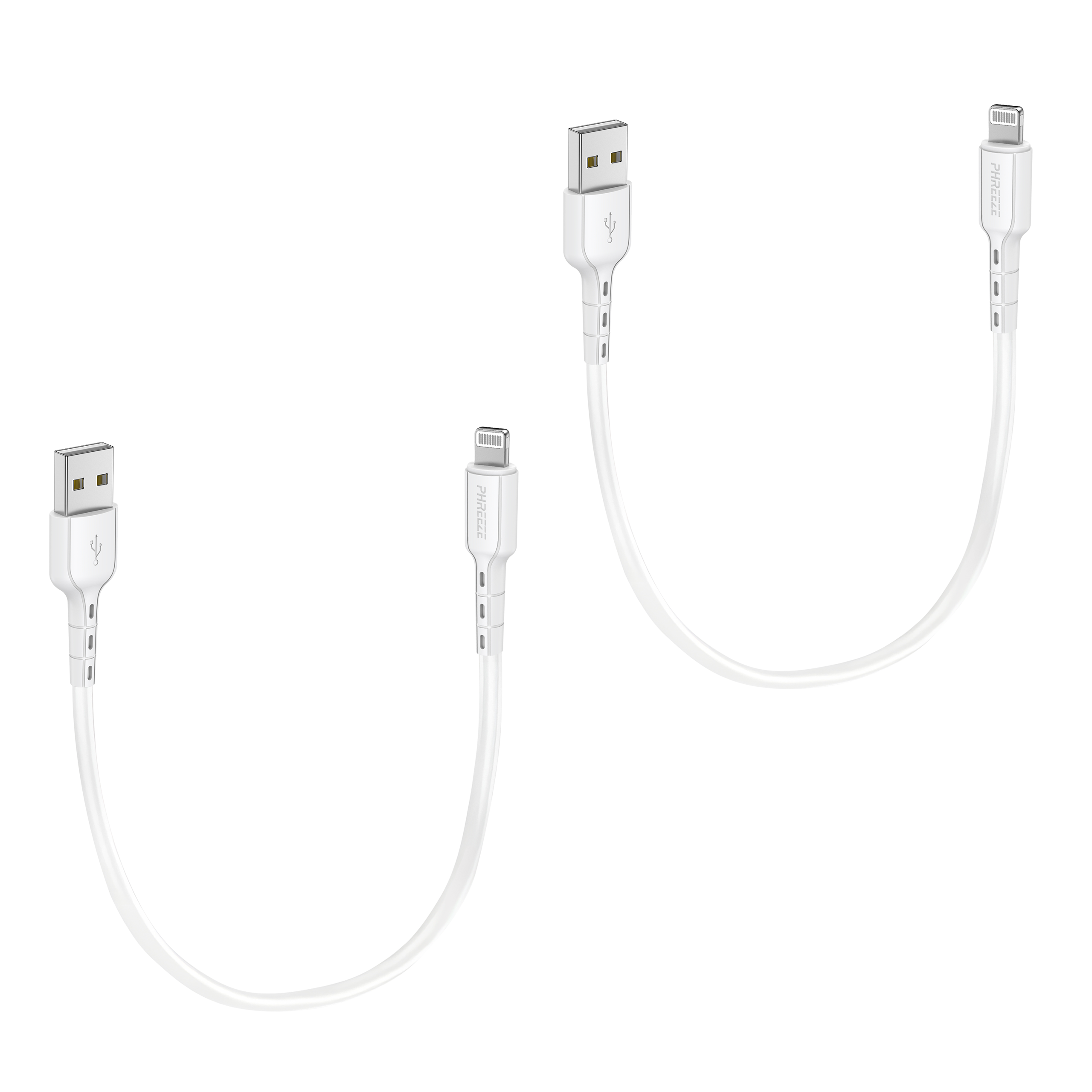 Two white USB to lightning cables are on a white background. One is on the left, one on the right.