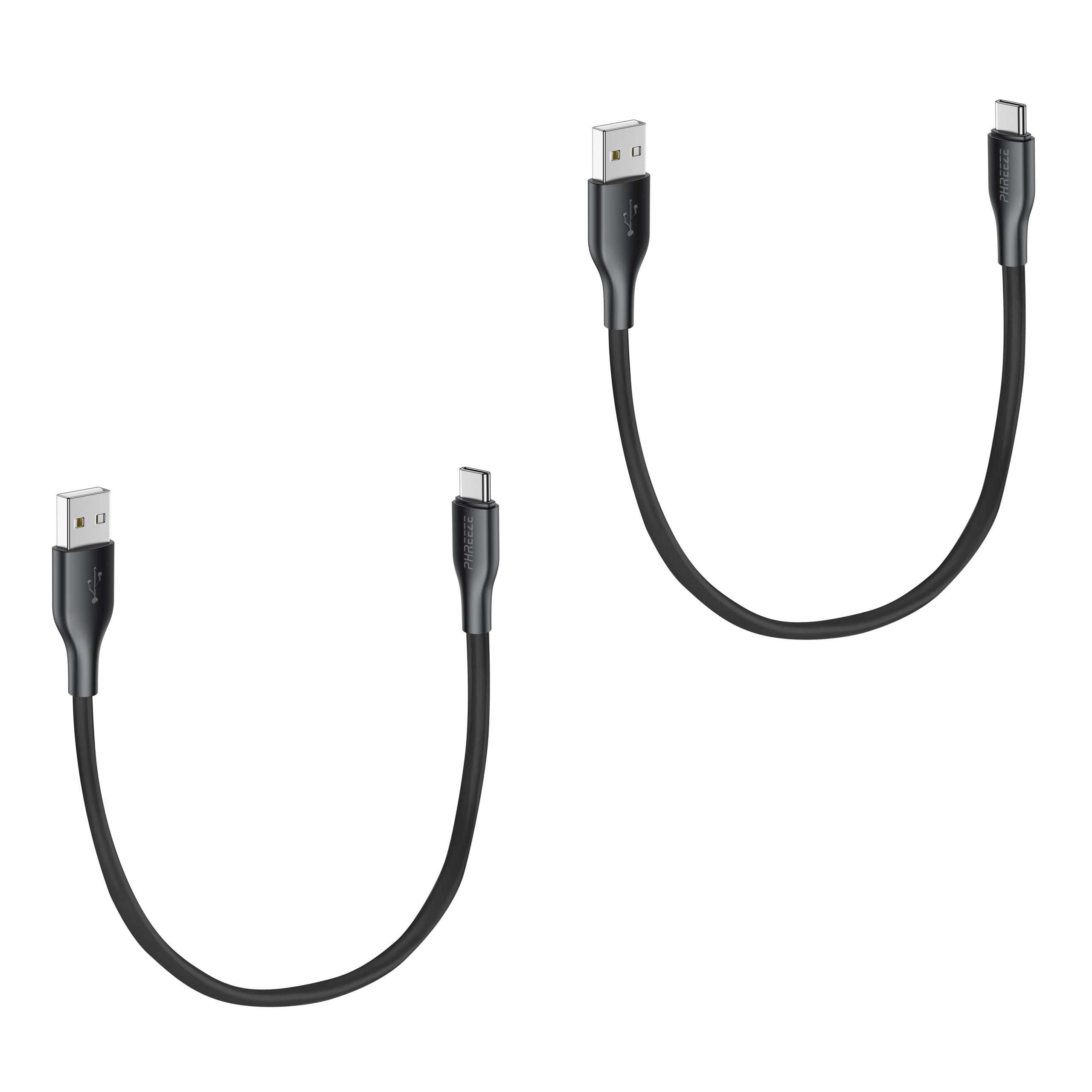 Two black USB cables are shown. One end is USB-A, the other is USB-C. Cables are on a white background.