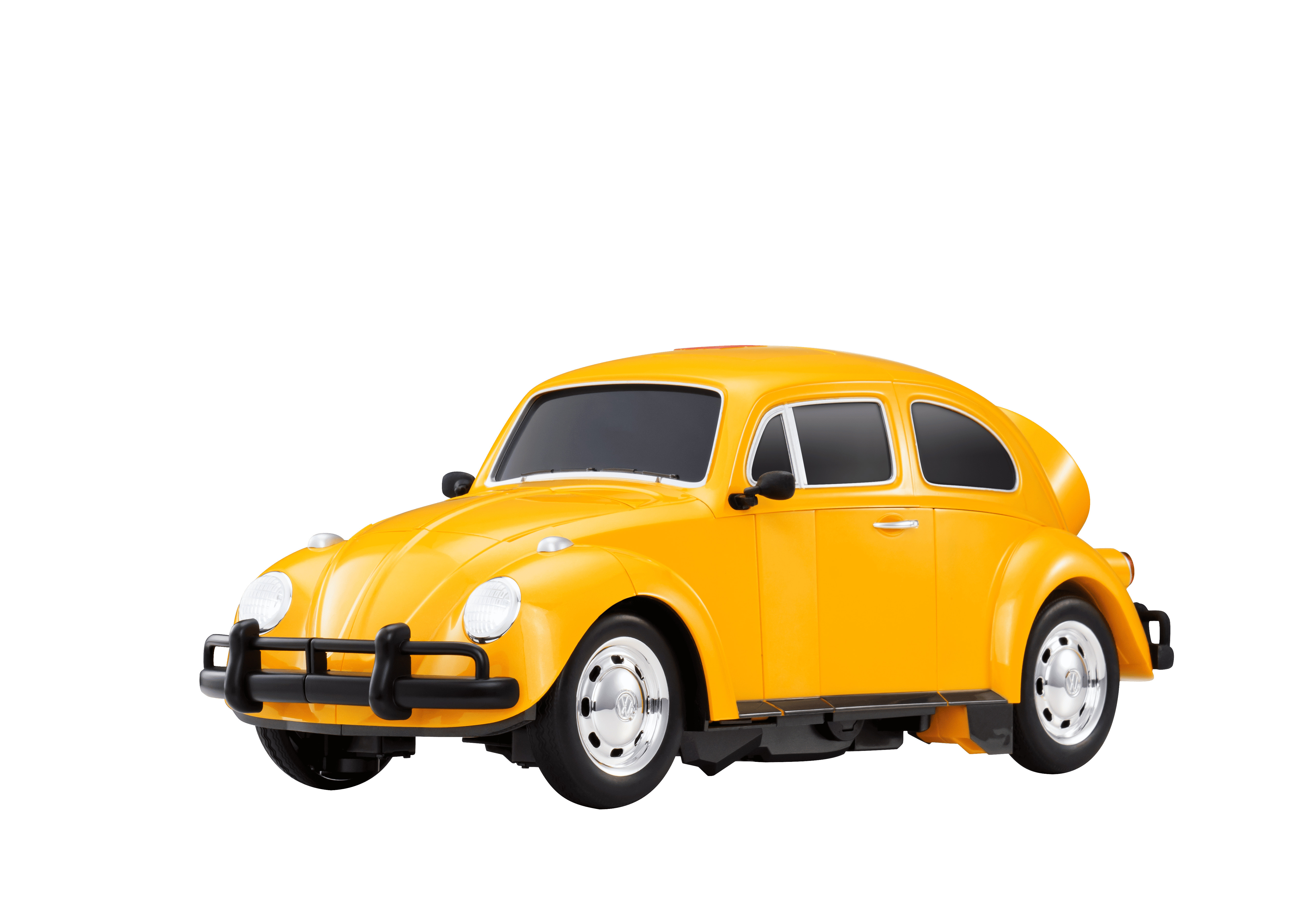 Un coche de juguete amarillo, un Volkswagen Beetle, sobre un fondo negro. El coche tiene parachoques negros y ruedas plateadas.