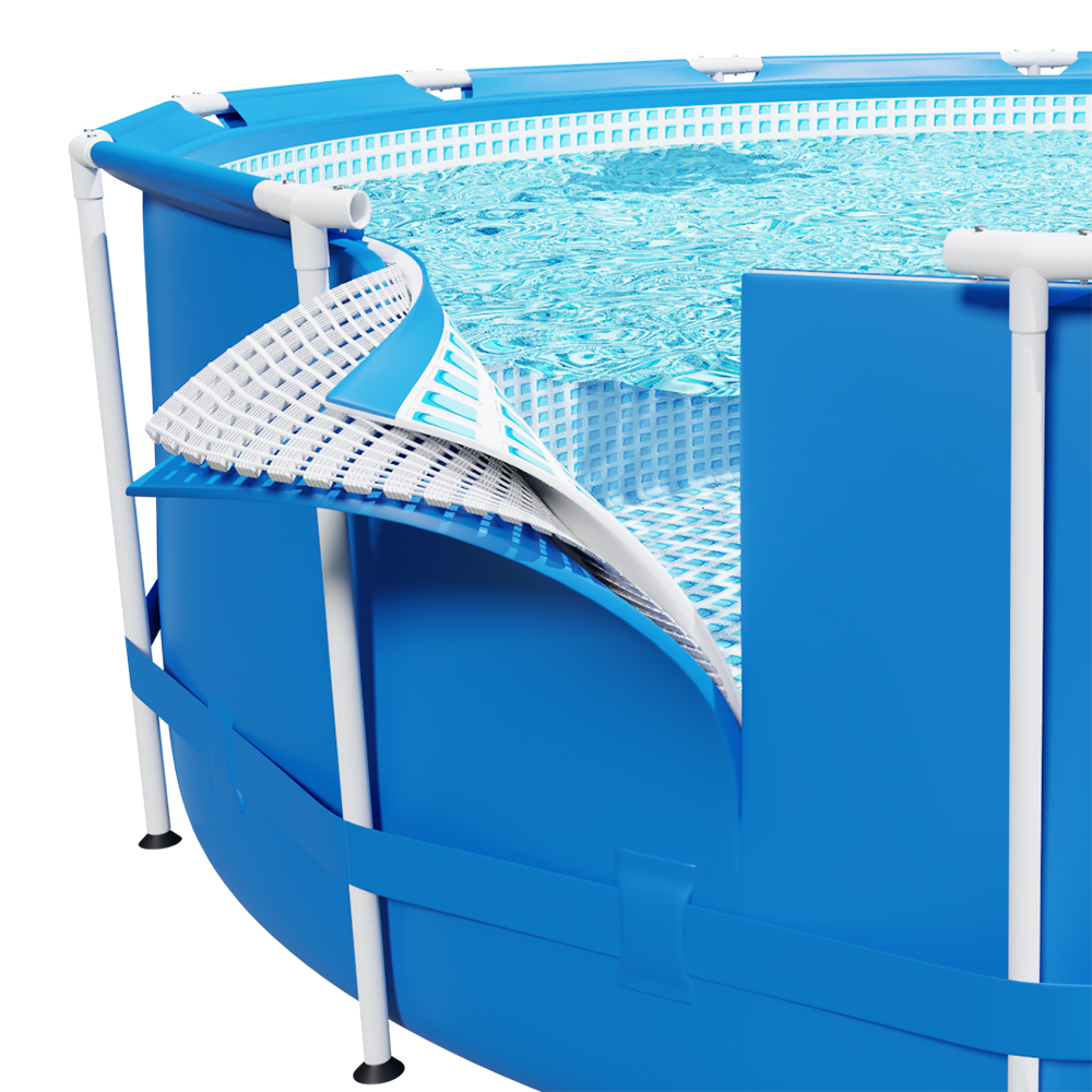 Niebieski basen naziemny z wyciętym fragmentem, ukazującym wodę i wewnętrzną strukturę basenu. Widoczne białe podpory i pokrywa.