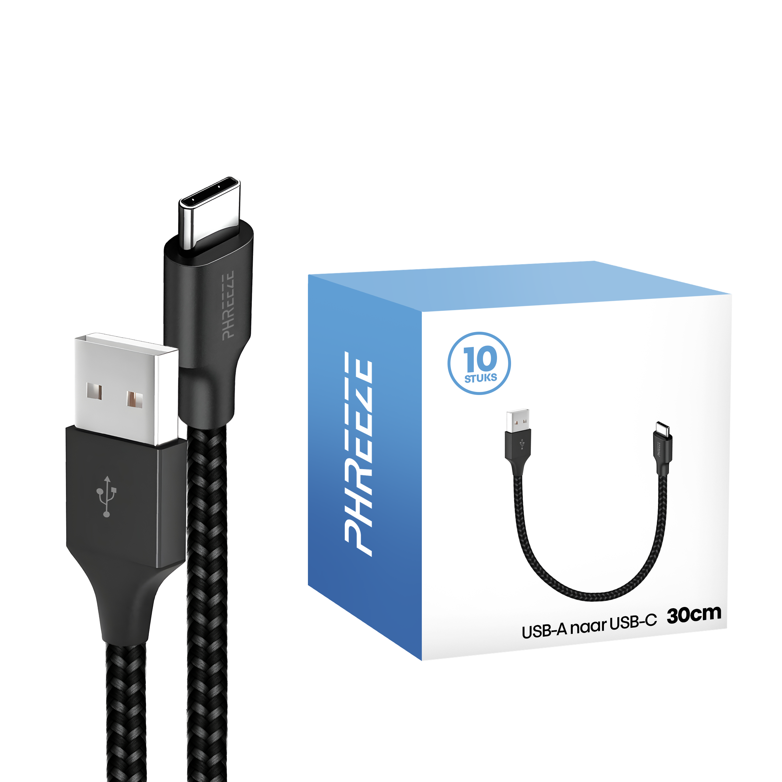 Zwarte USB-C-kabel met USB-A-connector en een blauwe doos met een kabelafbeelding. Witte achtergrond.