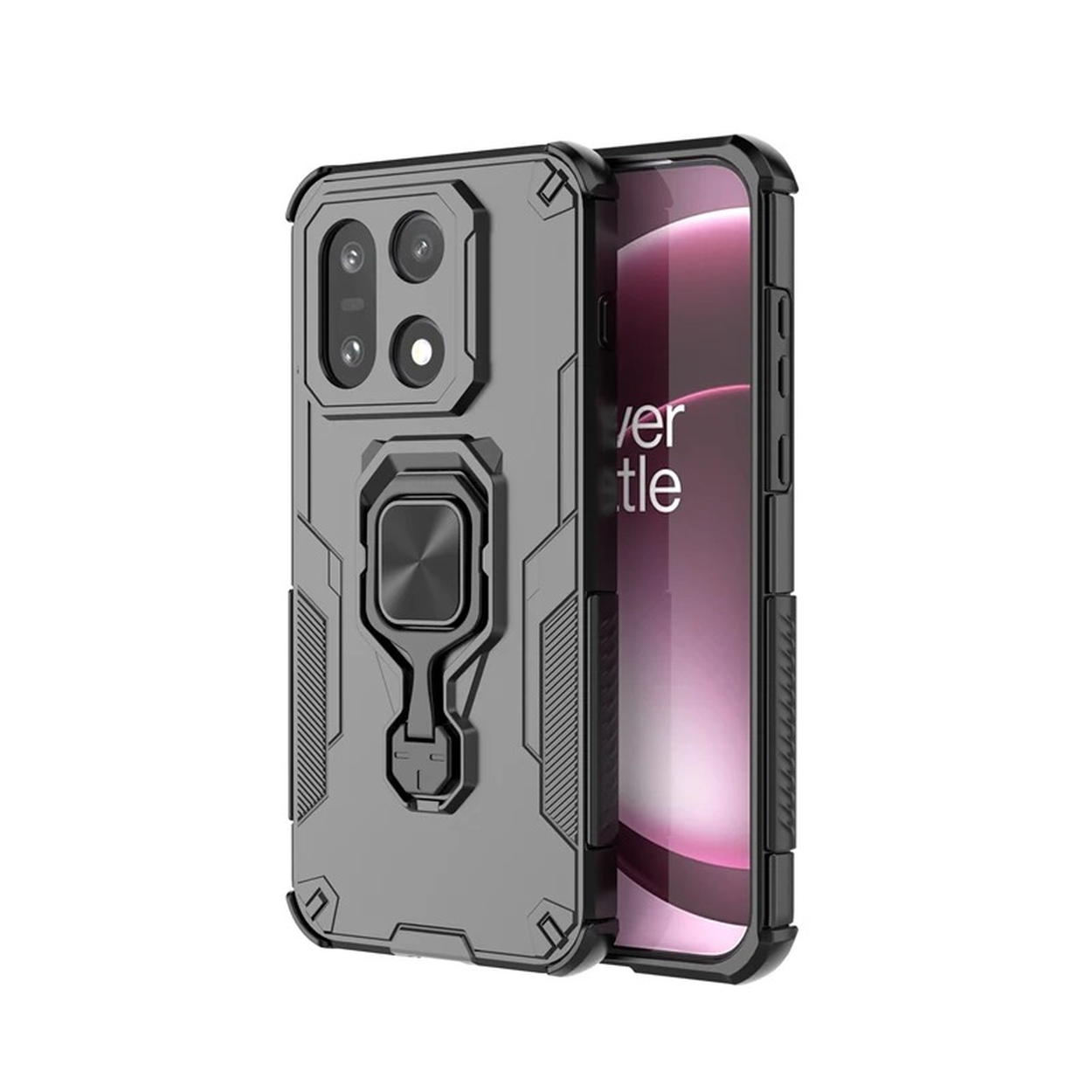Een grijze telefoonhoes met ringhouder en een zwarte telefoon rechts. Het telefoonscherm toont het woord 'ver tle'.