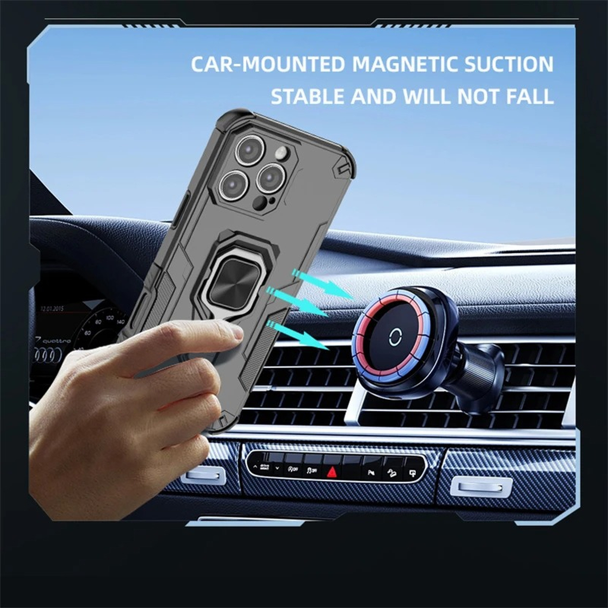 Een telefoonhoesje is magnetisch bevestigd aan een autohouder. De houder is bevestigd aan de ventilatie van de auto. Tekst: Magnetische zuiging voor in de auto.