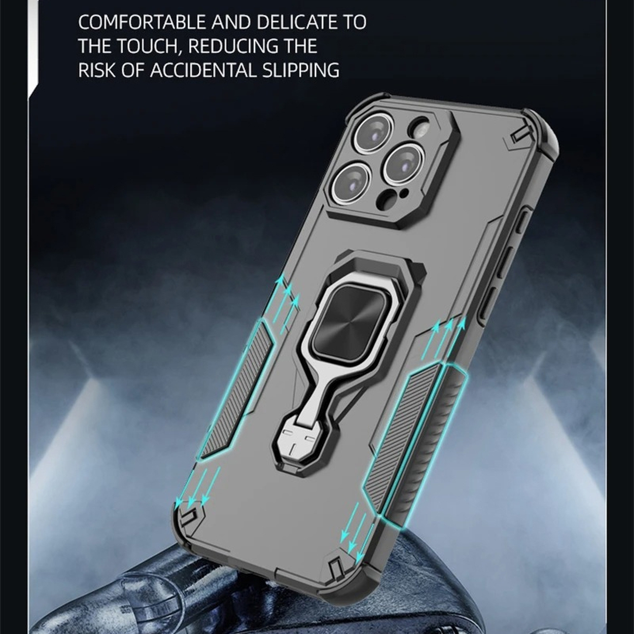 Een grijze telefoonhoes met een ringhouder. De hoes heeft uitsparingen voor de camera en een gestructureerd ontwerp. Tekst bovenaan: Comfortabel en delicaat.
