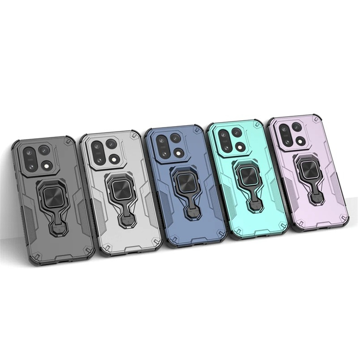 Vijf kleurrijke telefoonhoesjes met ringhouders. Kleuren: grijs, zilver, blauw, turquoise en roze. Ze zijn naar rechts gekanteld.