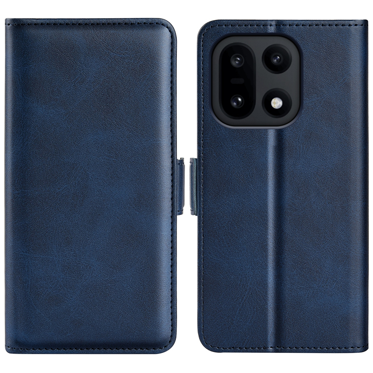 Een marineblauwe telefoonhoes in open en gesloten positie. De hoes heeft een leertextuur en een magnetische sluiting.