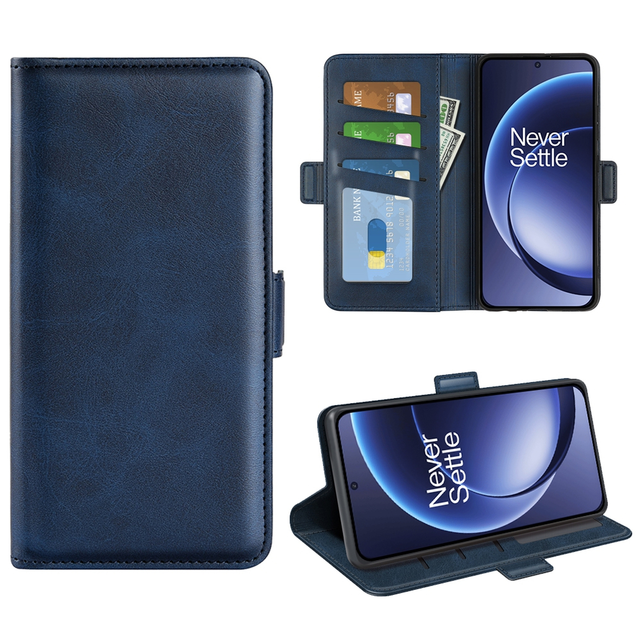 Blauwe telefoonhoes met een telefoon met 'Never Settle'. Binnenin zijn kaartsleuven en dollarbiljetten.